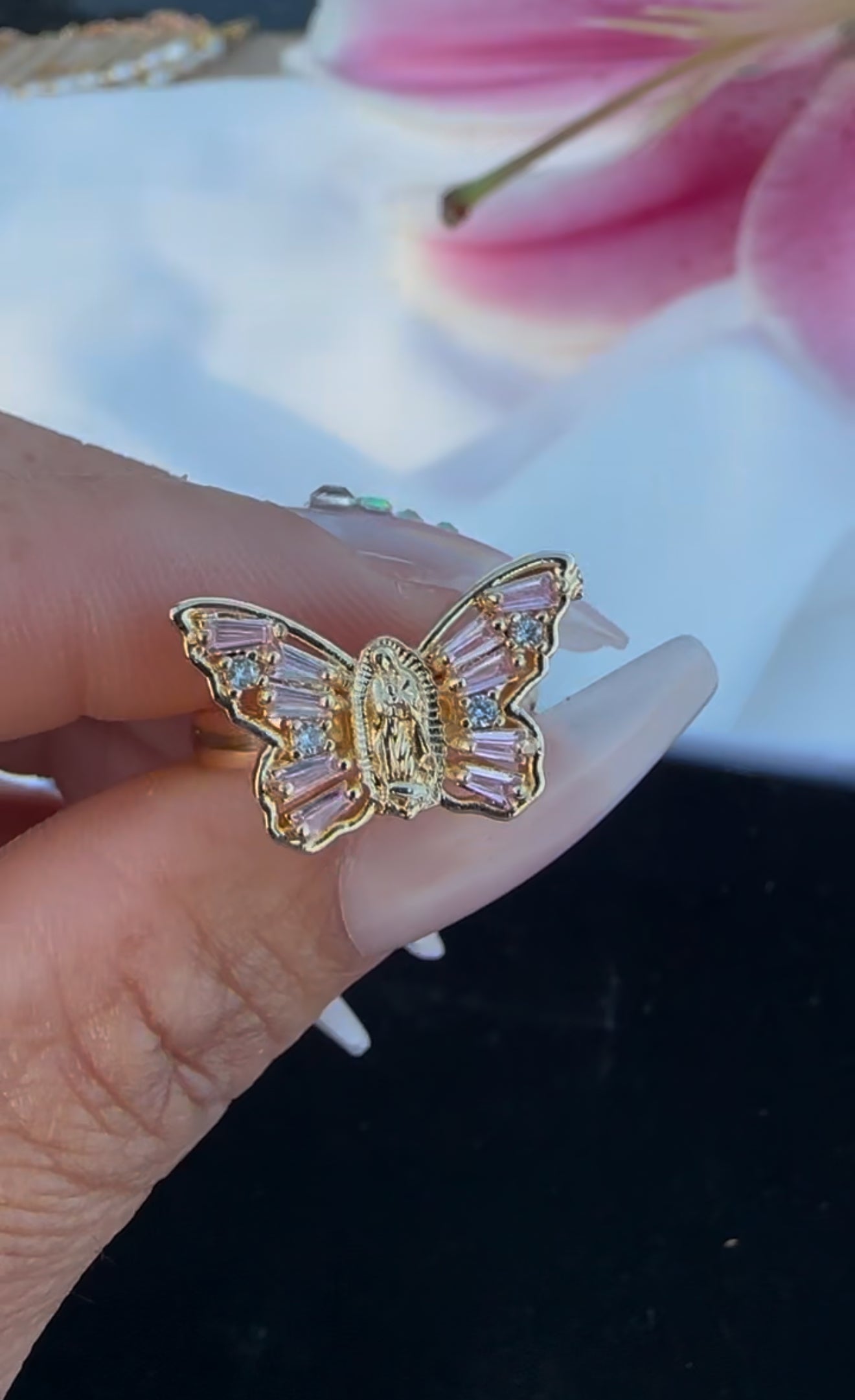 Pink Virgin Mary Butterfly Ring