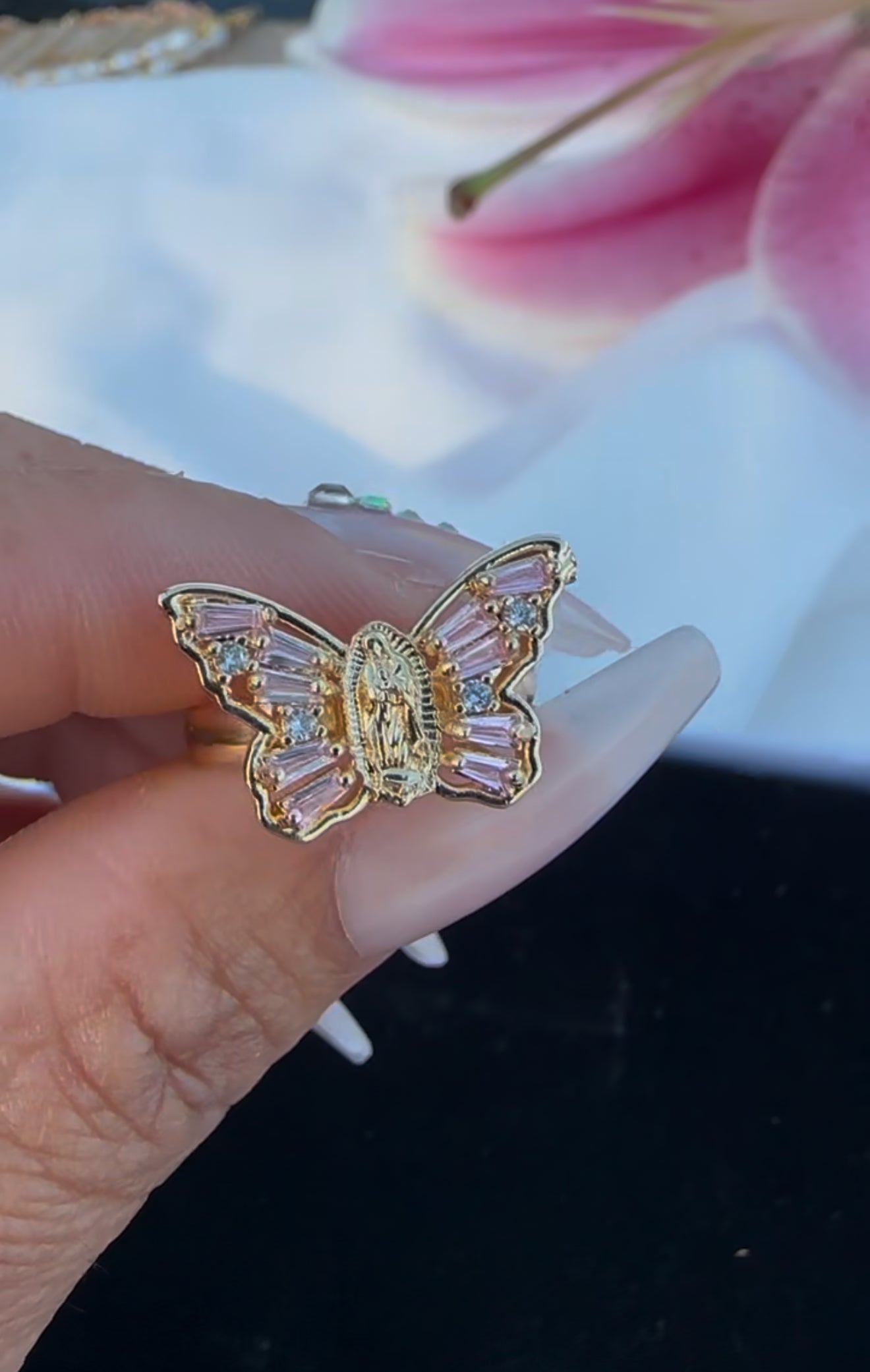 Pink Virgin Mary Butterfly Ring