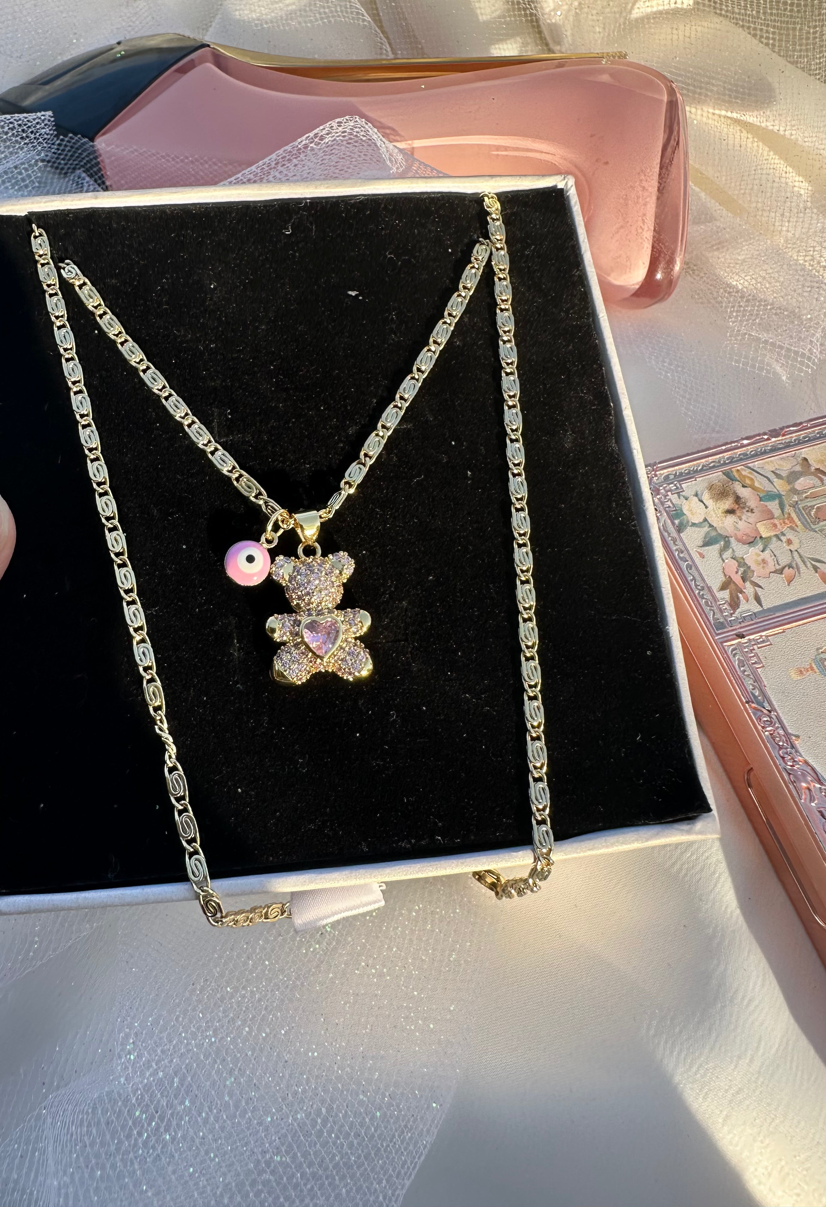 Pink Aura Teddy Necklace