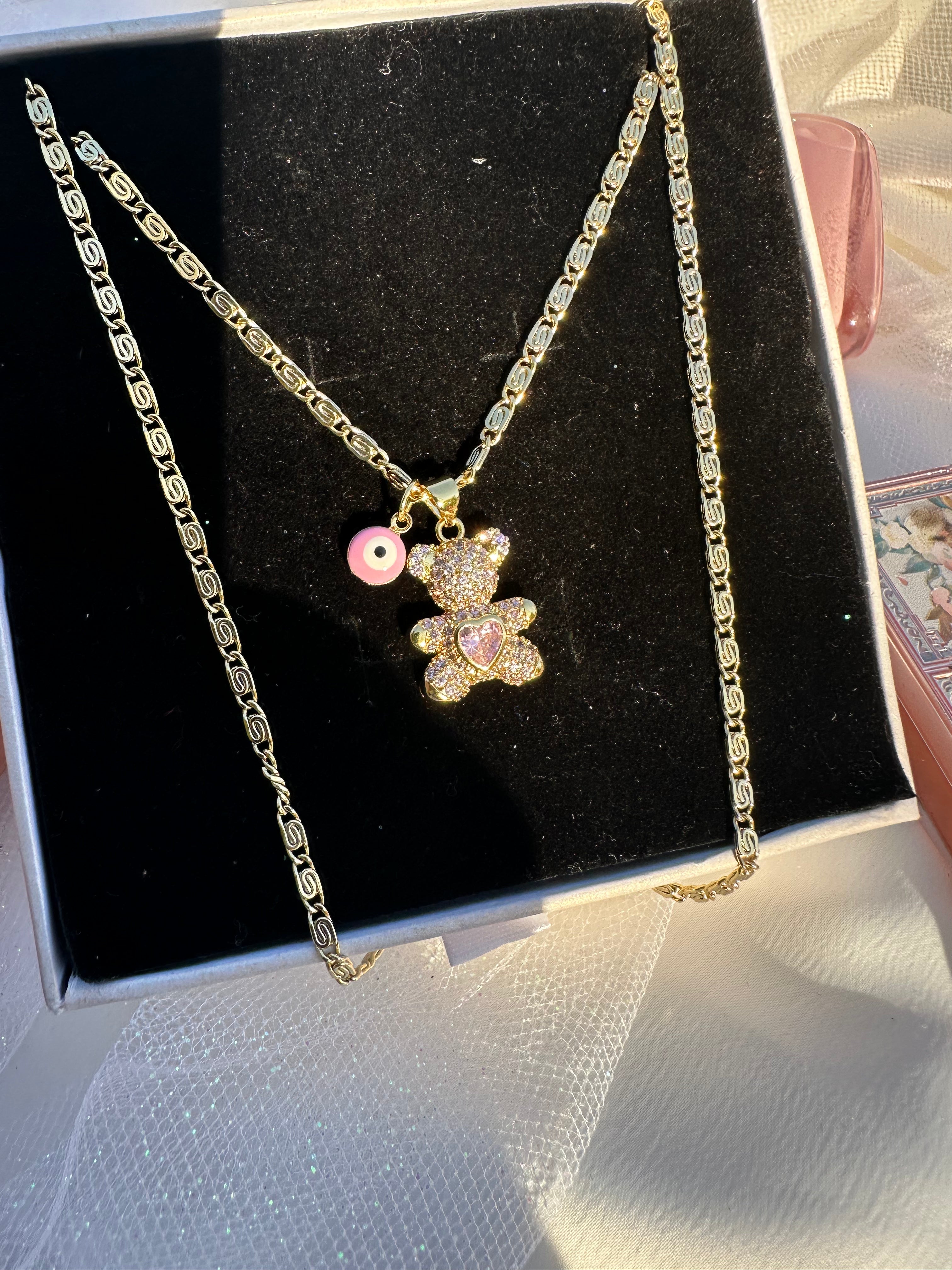 Pink Aura Teddy Necklace