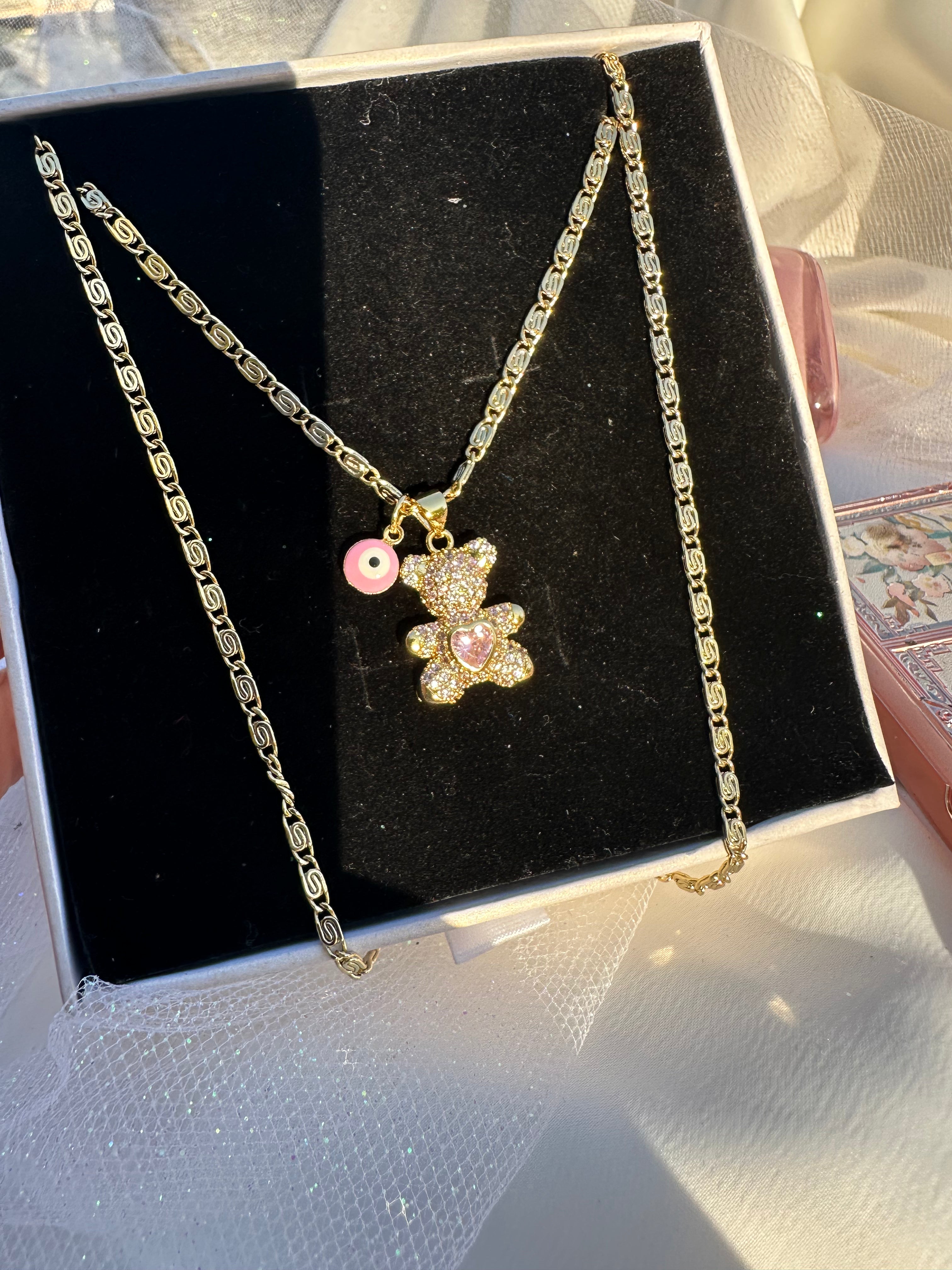 Pink Aura Teddy Necklace