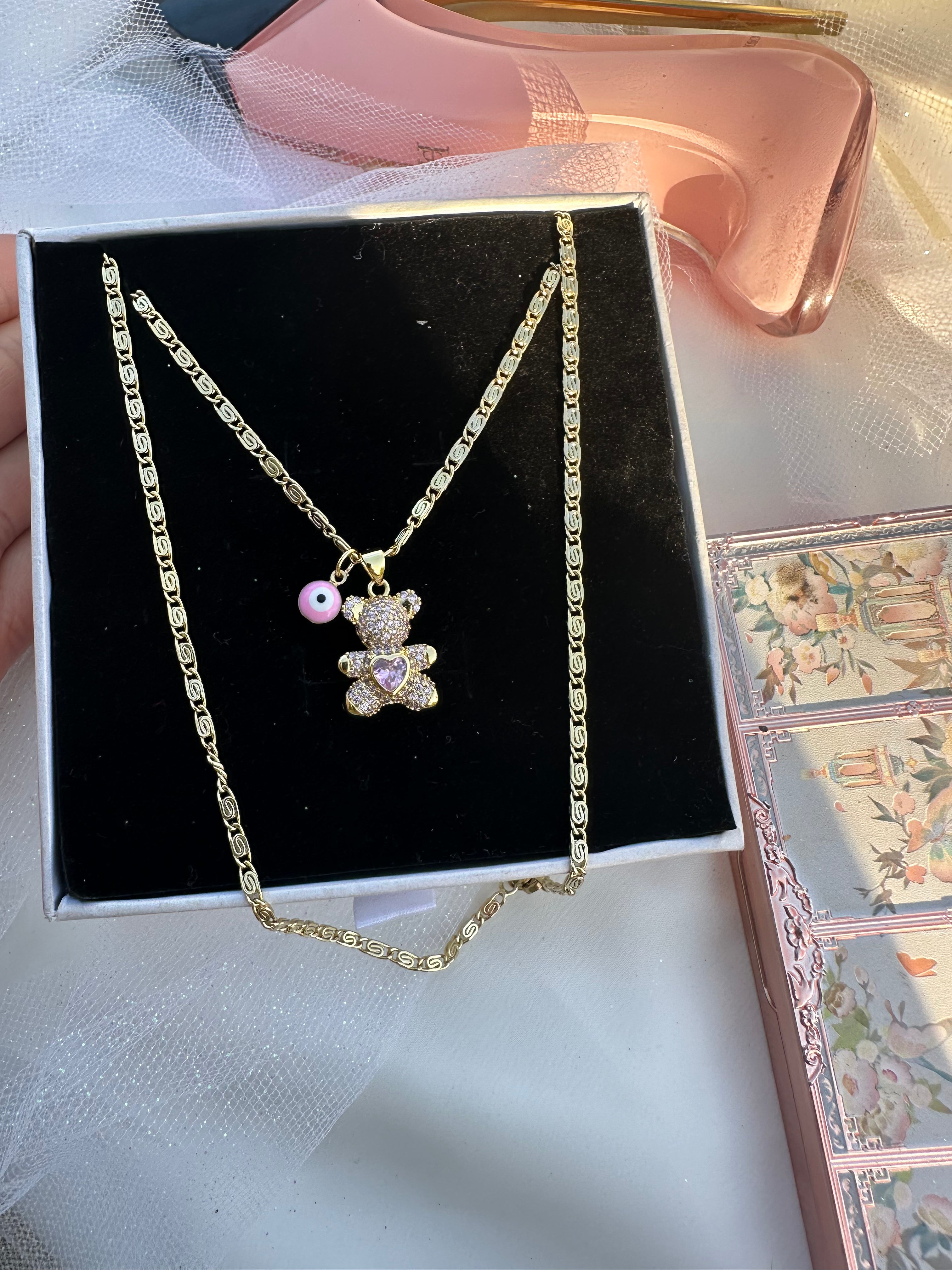 Pink Aura Teddy Necklace