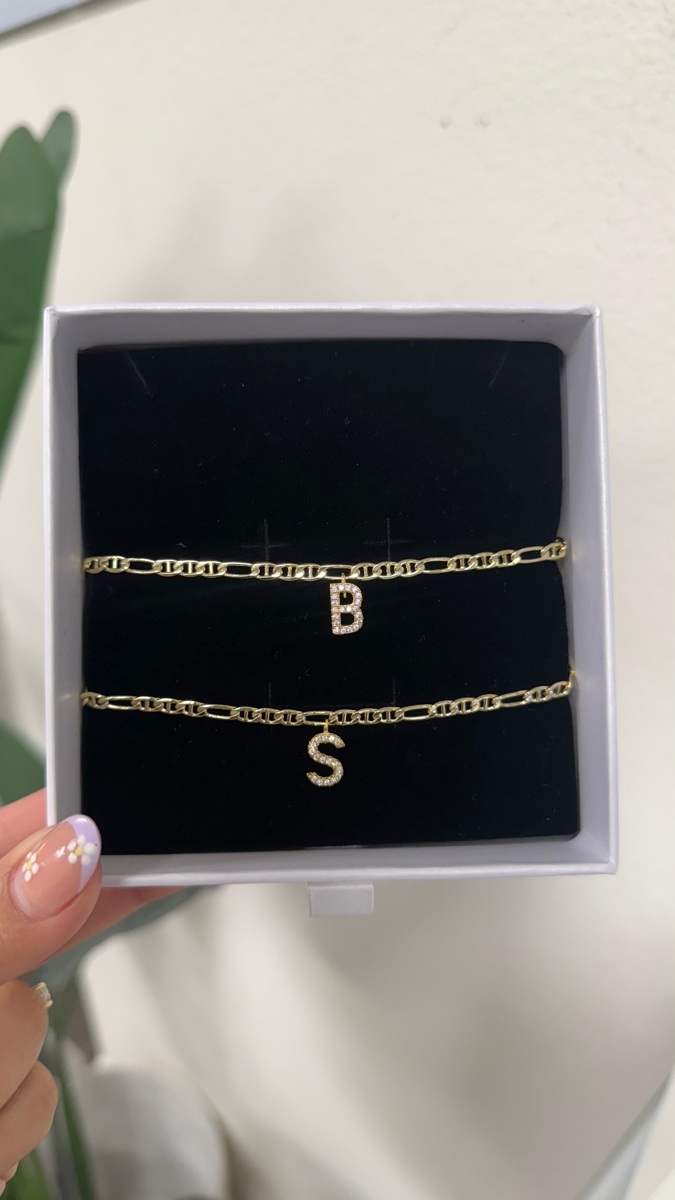 2 Bracelets: Initial Shadow Figaro Set