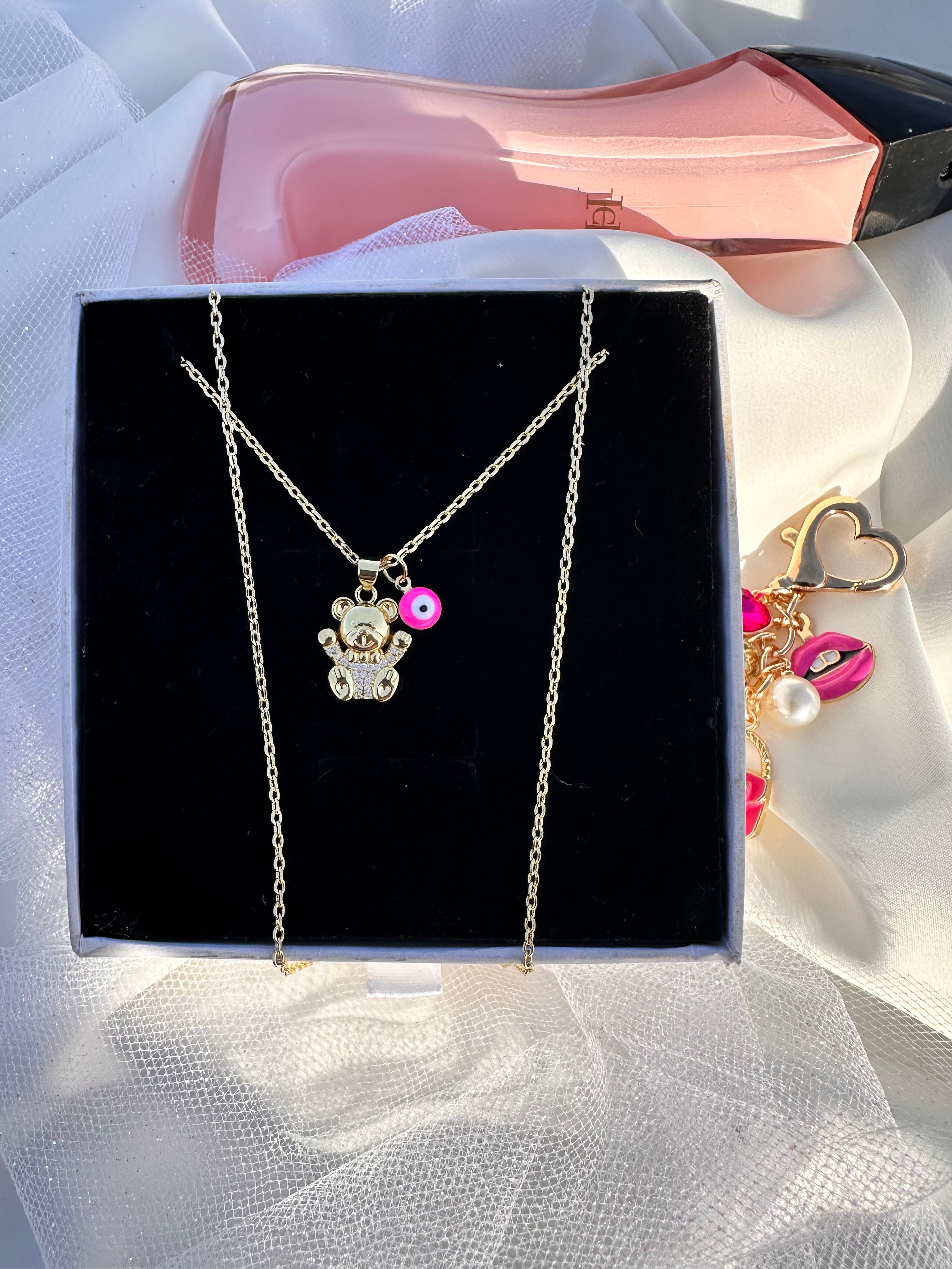 Pink Aura Teddy Bear Necklace