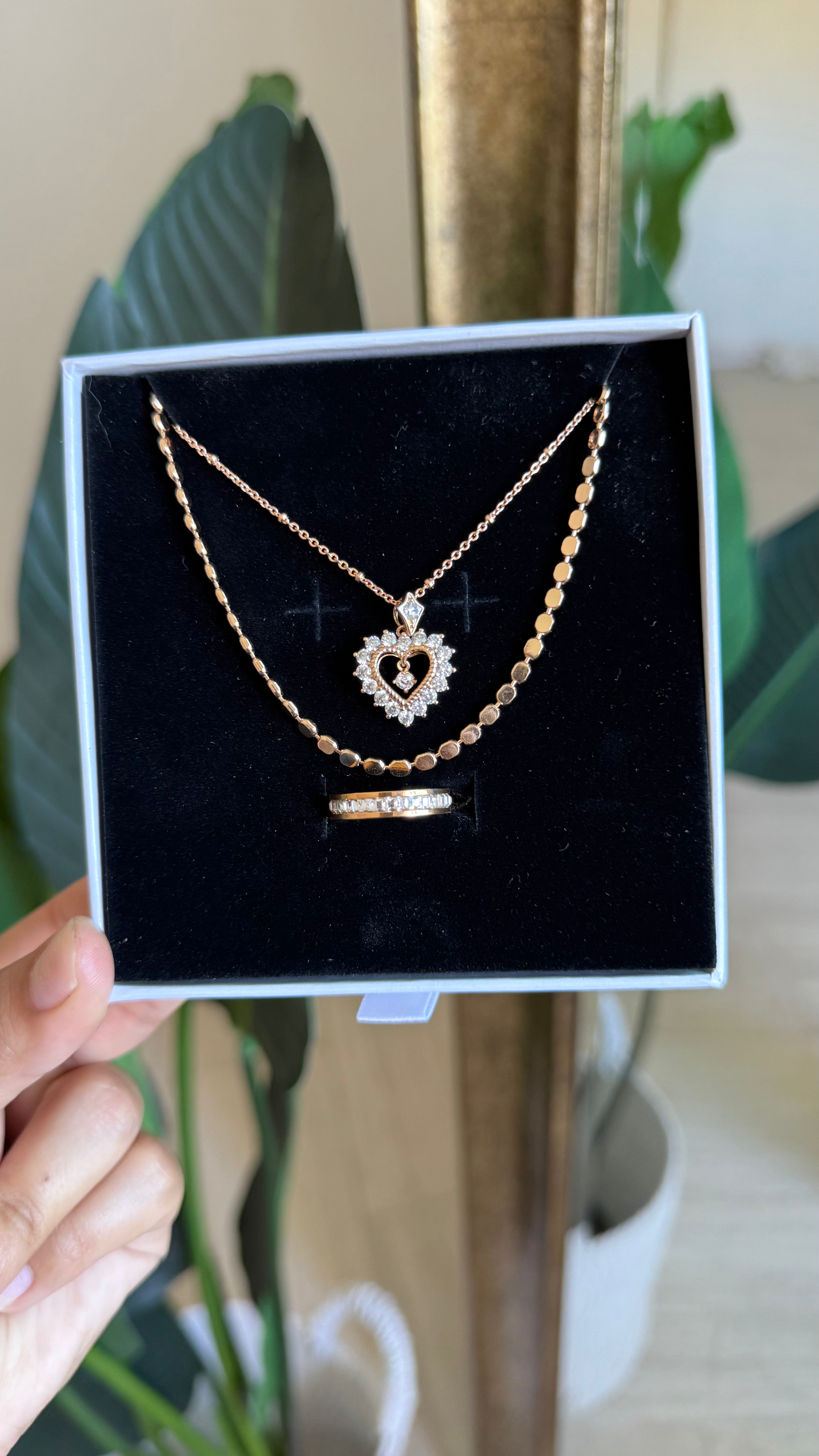 Rose Gold Heart & Honeycomb Layering Necklace + Eternity CZ Band Ring