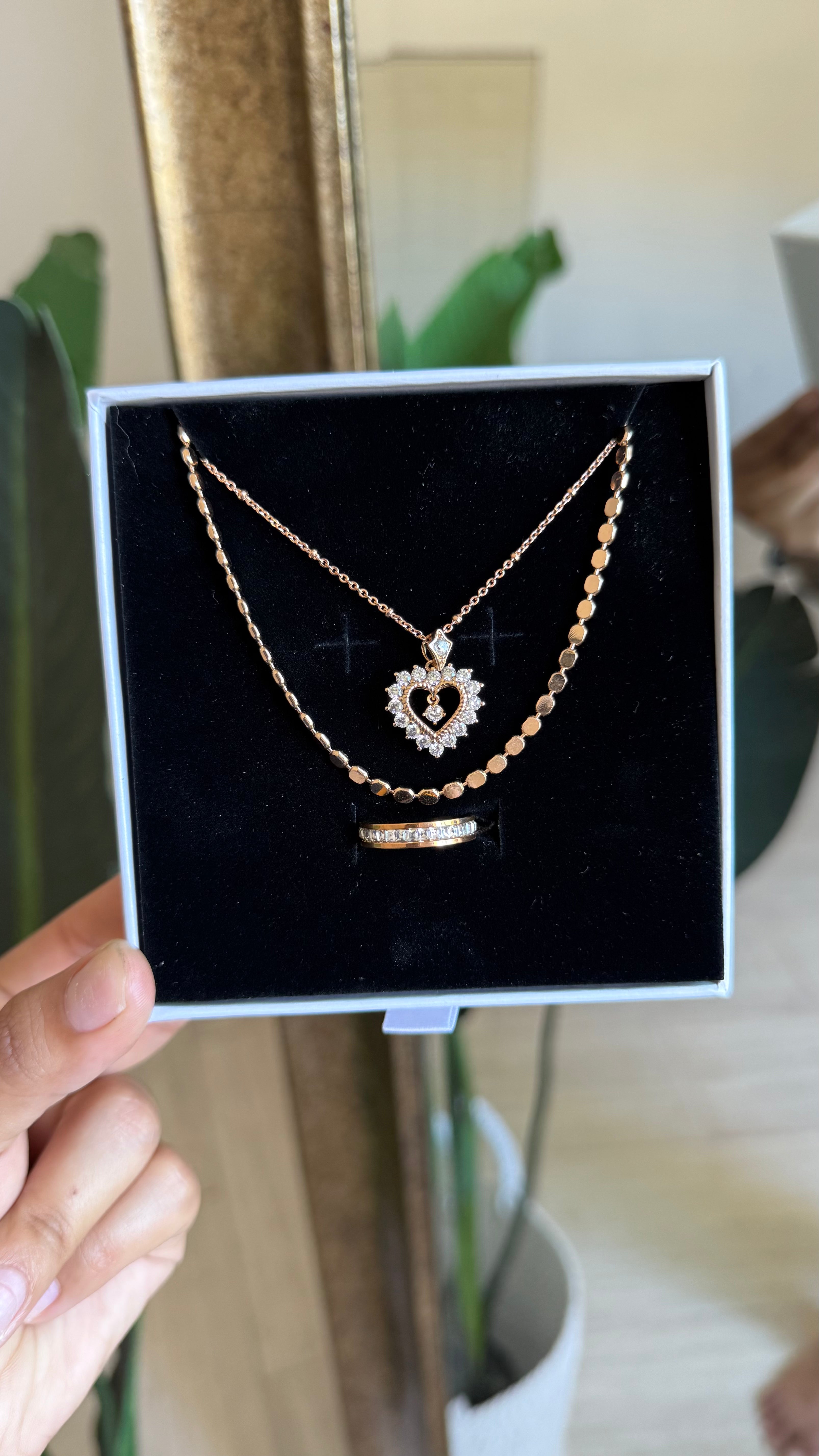 Rose Gold Heart & Honeycomb Layering Necklace + Eternity CZ Band Ring