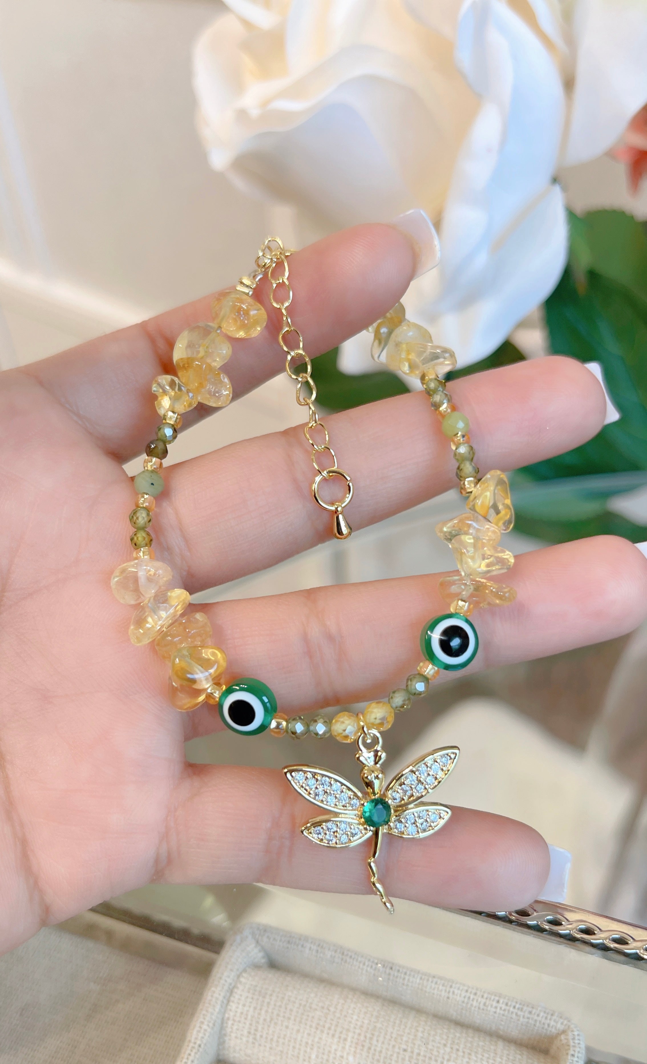 Pulsera de cristal de citrino libélula