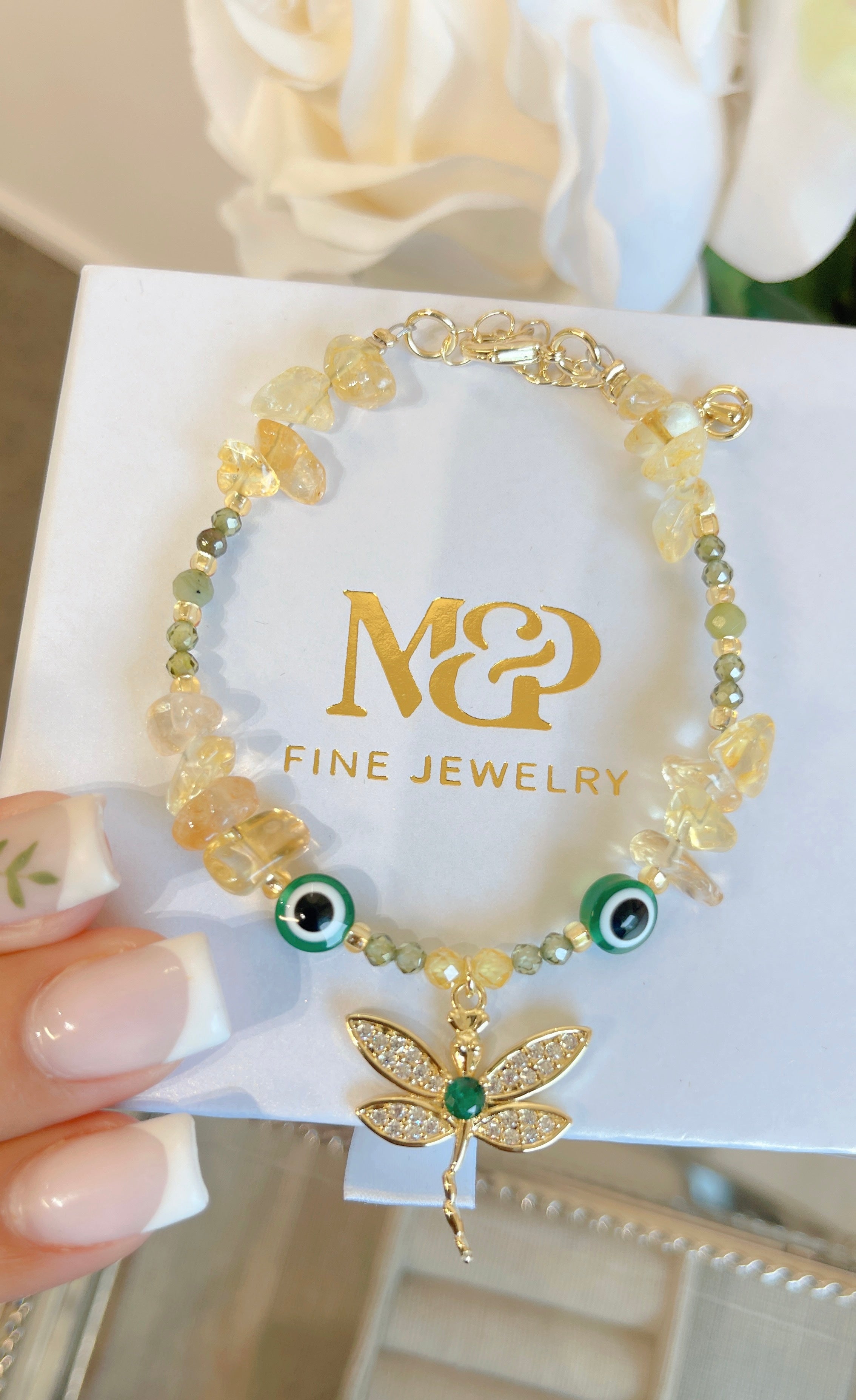 Pulsera de cristal de citrino libélula