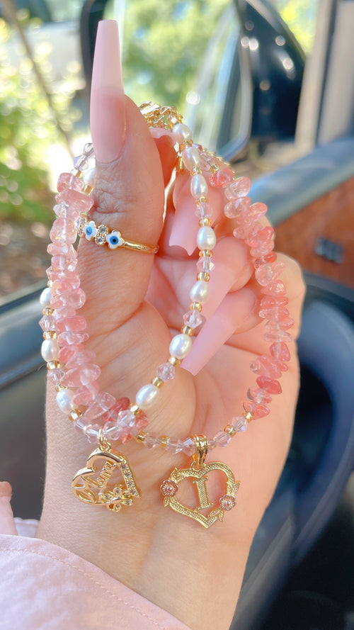 Rose Quartz initial Heart Bracelet