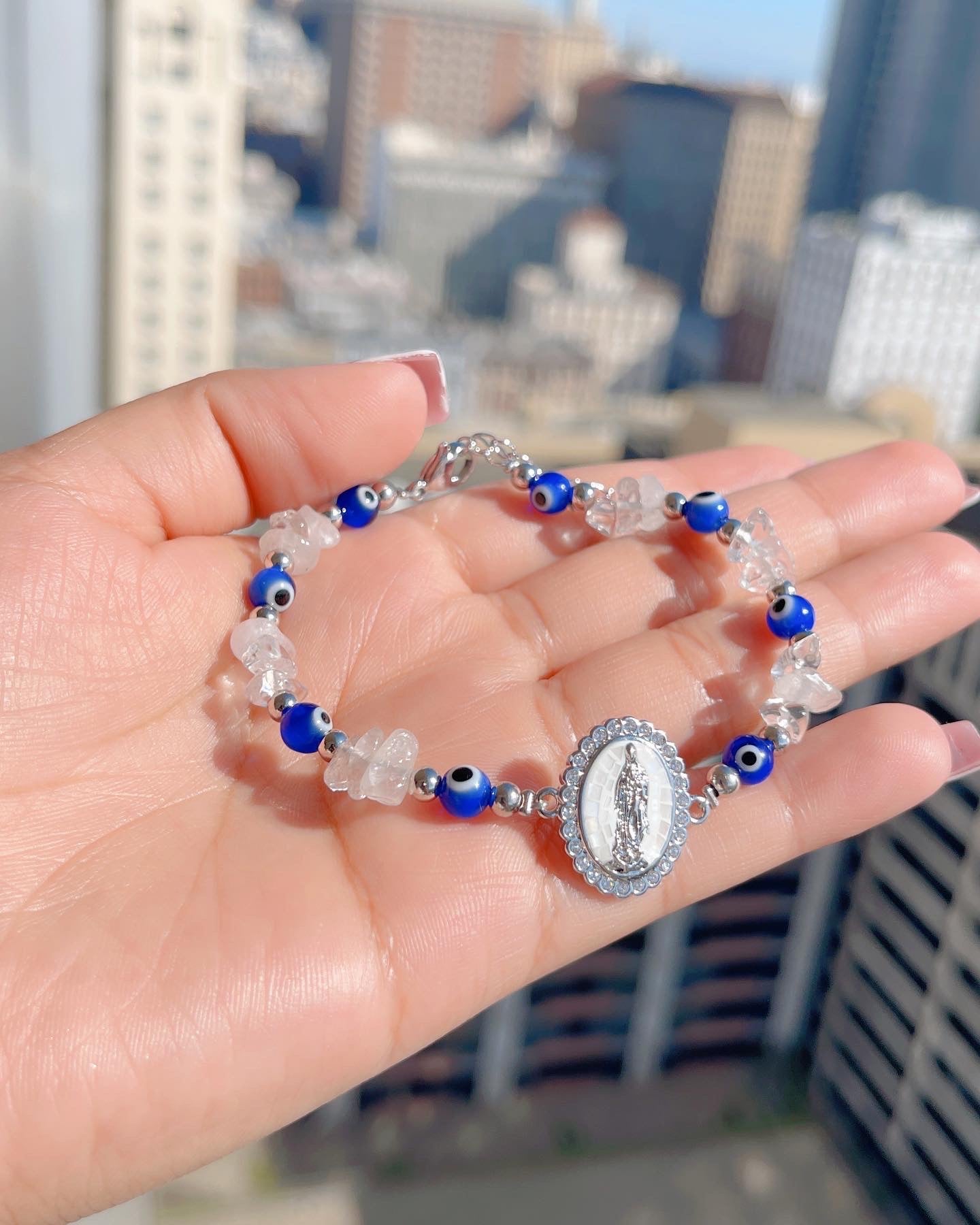 Pulsera de protección de cuarzo transparente de plata