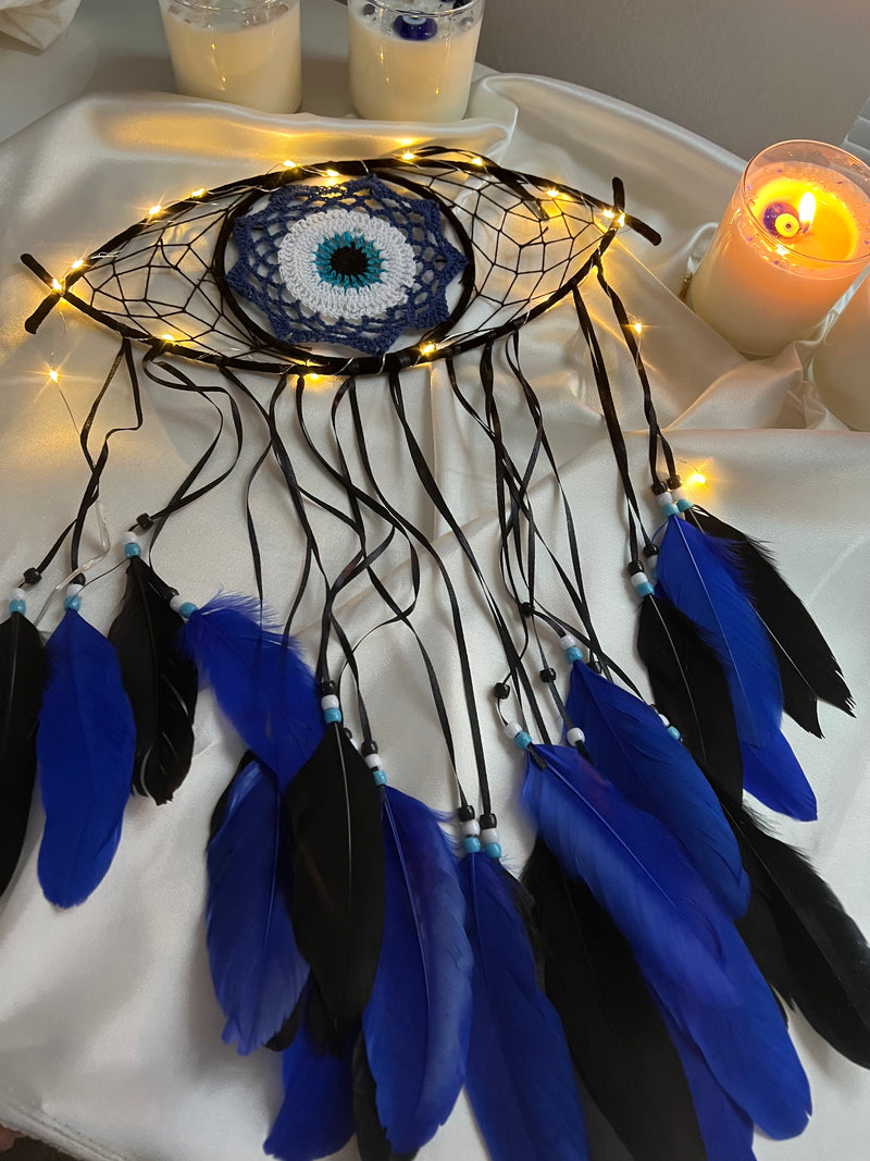 Black Evil Eye Protection Dream Catcher (Fairy Lights Included)