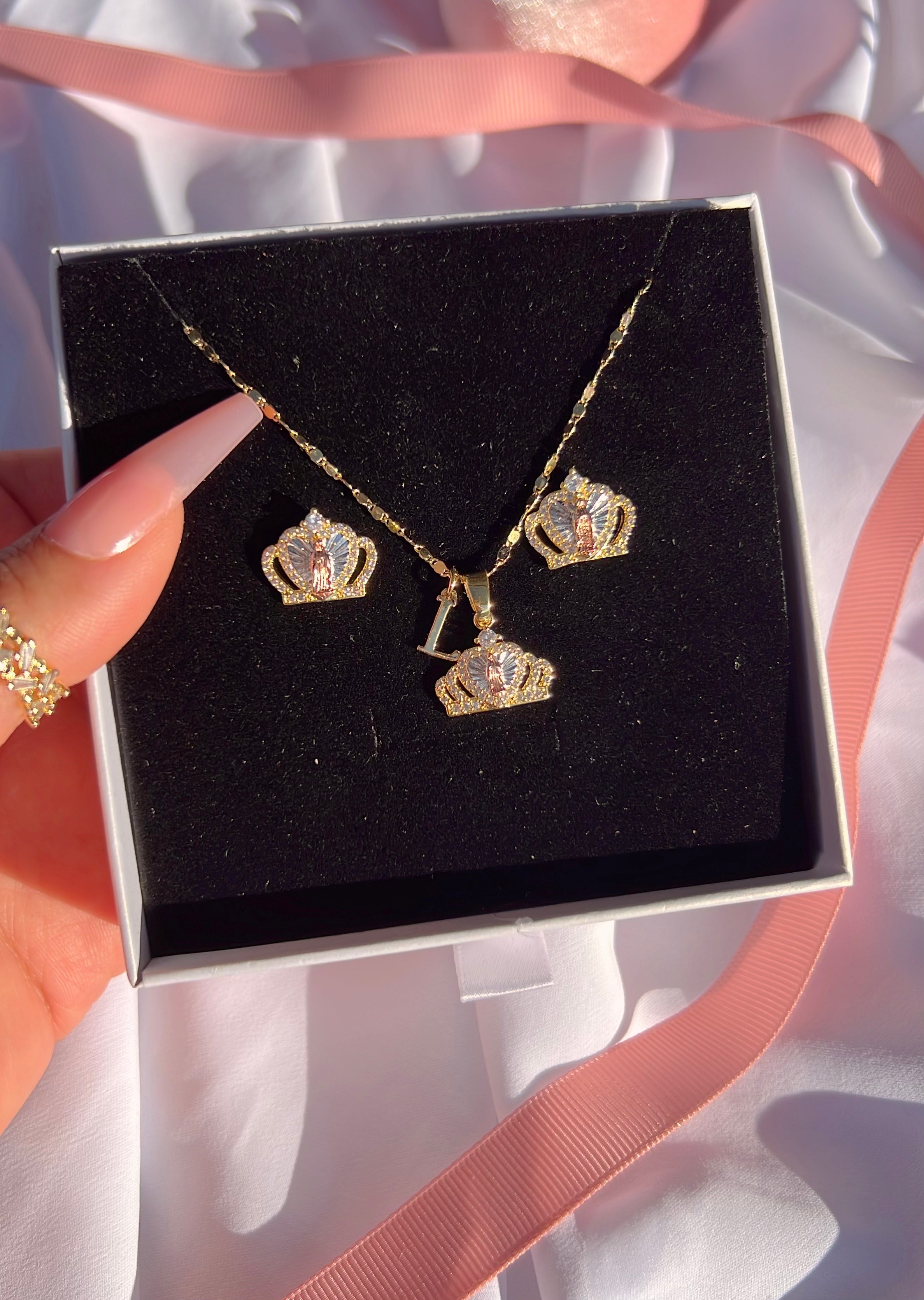 Virgencita Tiara Necklace Set (Custom Initial)