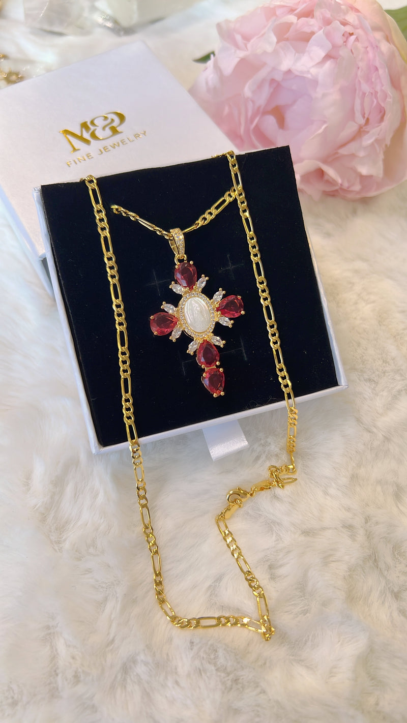 Magenta Virgin Mary Cross Necklace