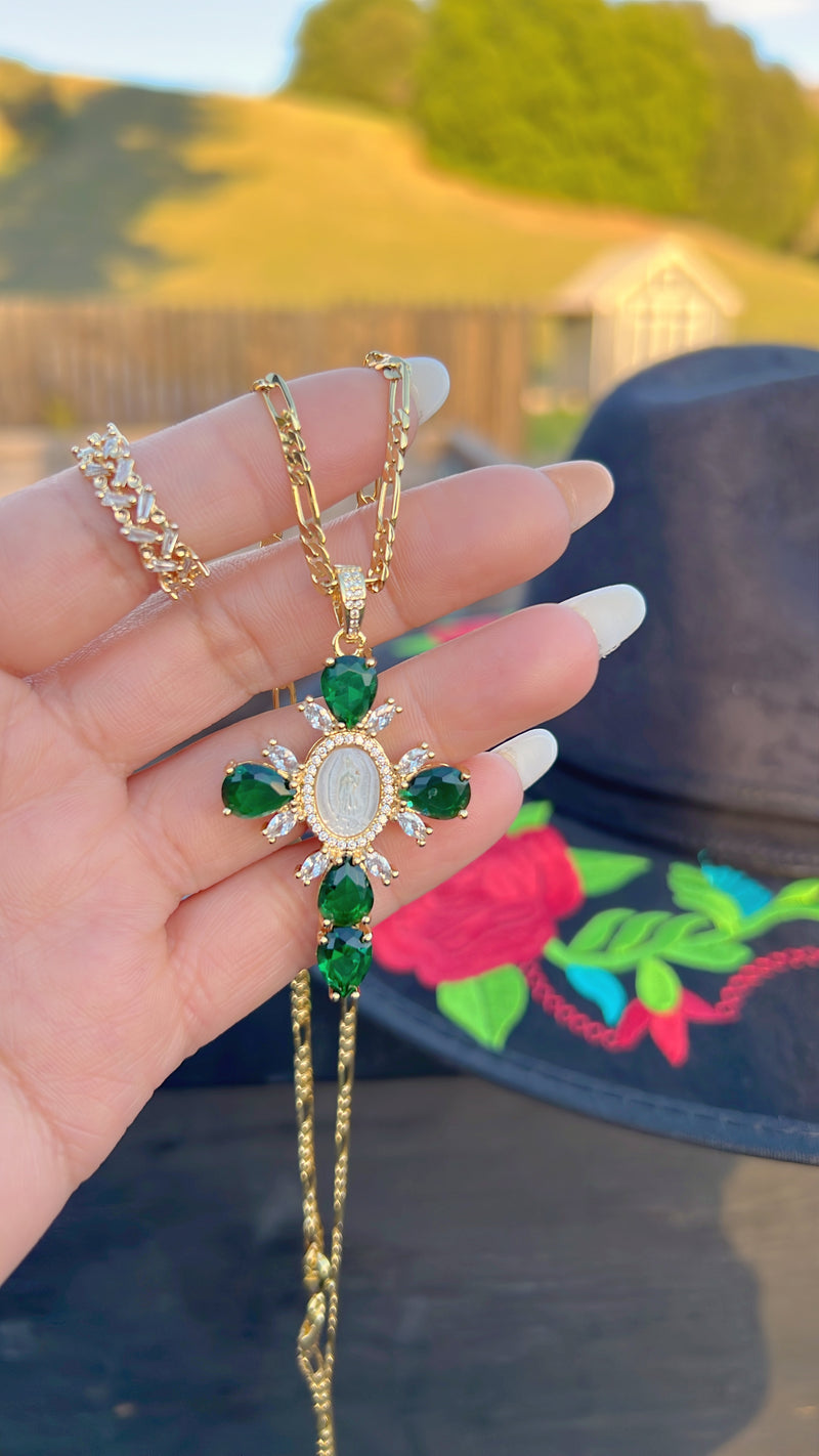 Emerald Virgin Mary Cross Necklace