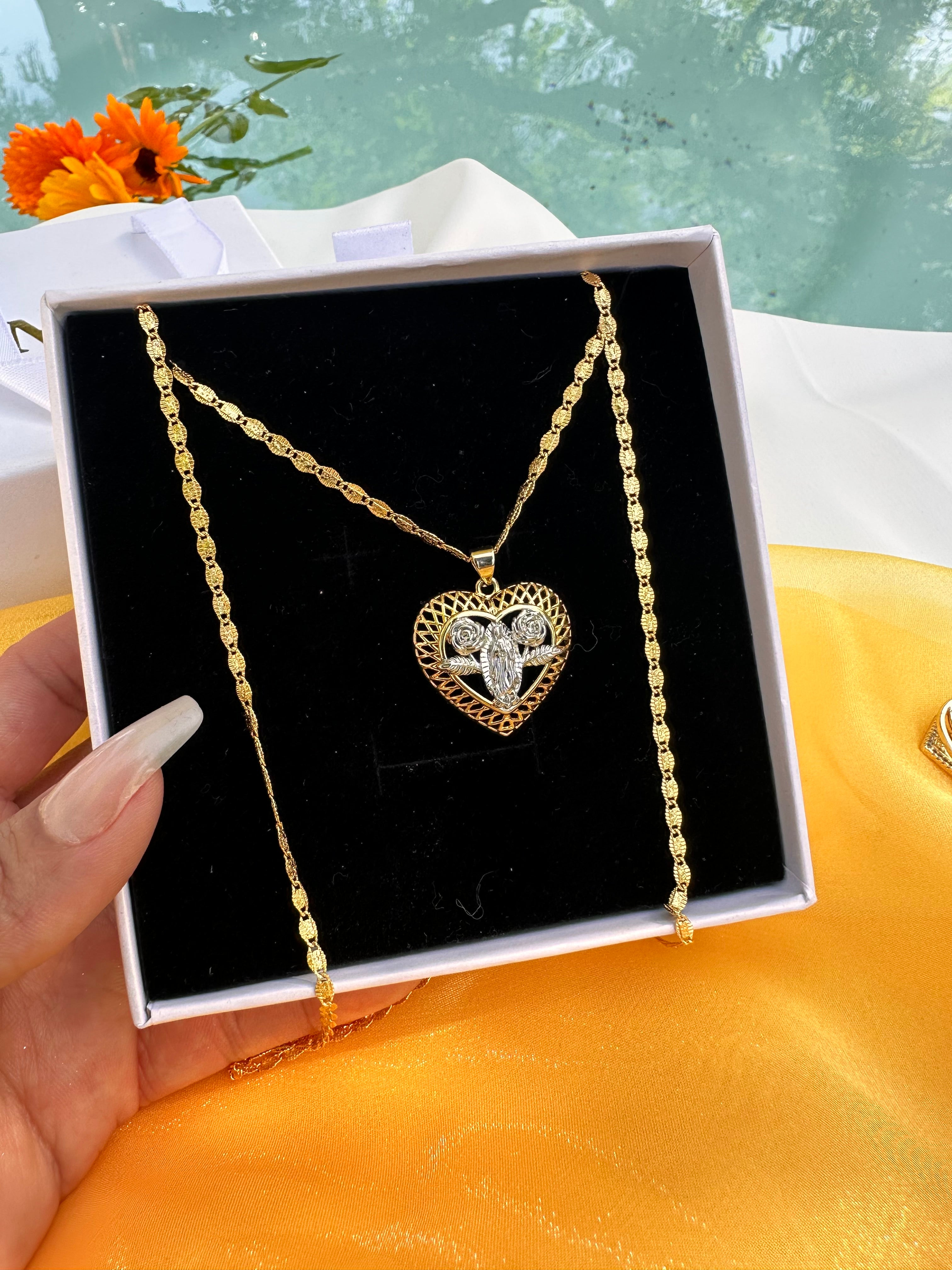 Virgen Mary Dual Heart Necklace