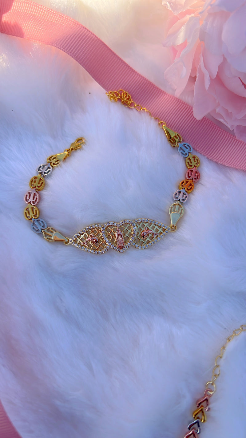 Tri Gold Virgin Mary Heart Bracelet