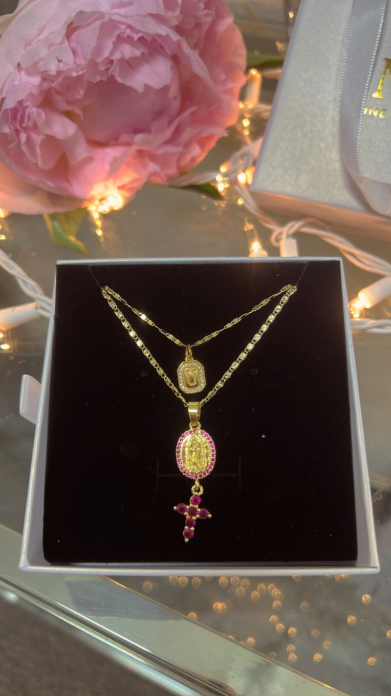 Silk Peony Mary Initial Necklace Set