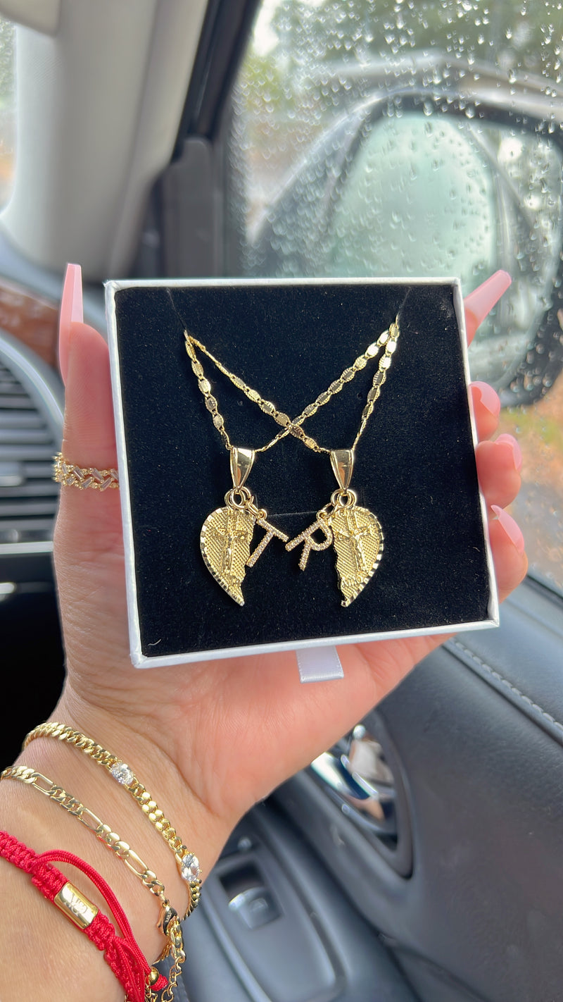 Cross Cross Couple Initial Heart Necklaces