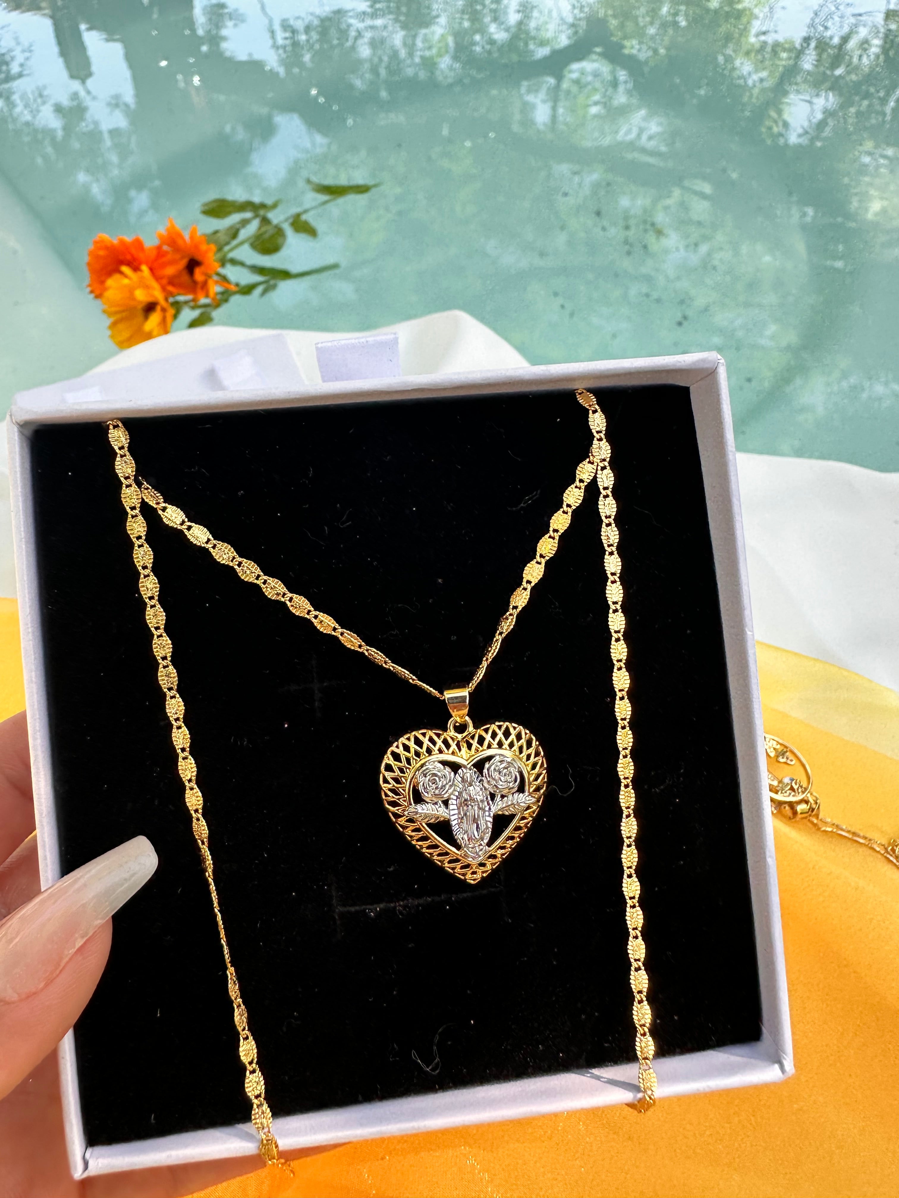 Virgen Mary Dual Heart Necklace