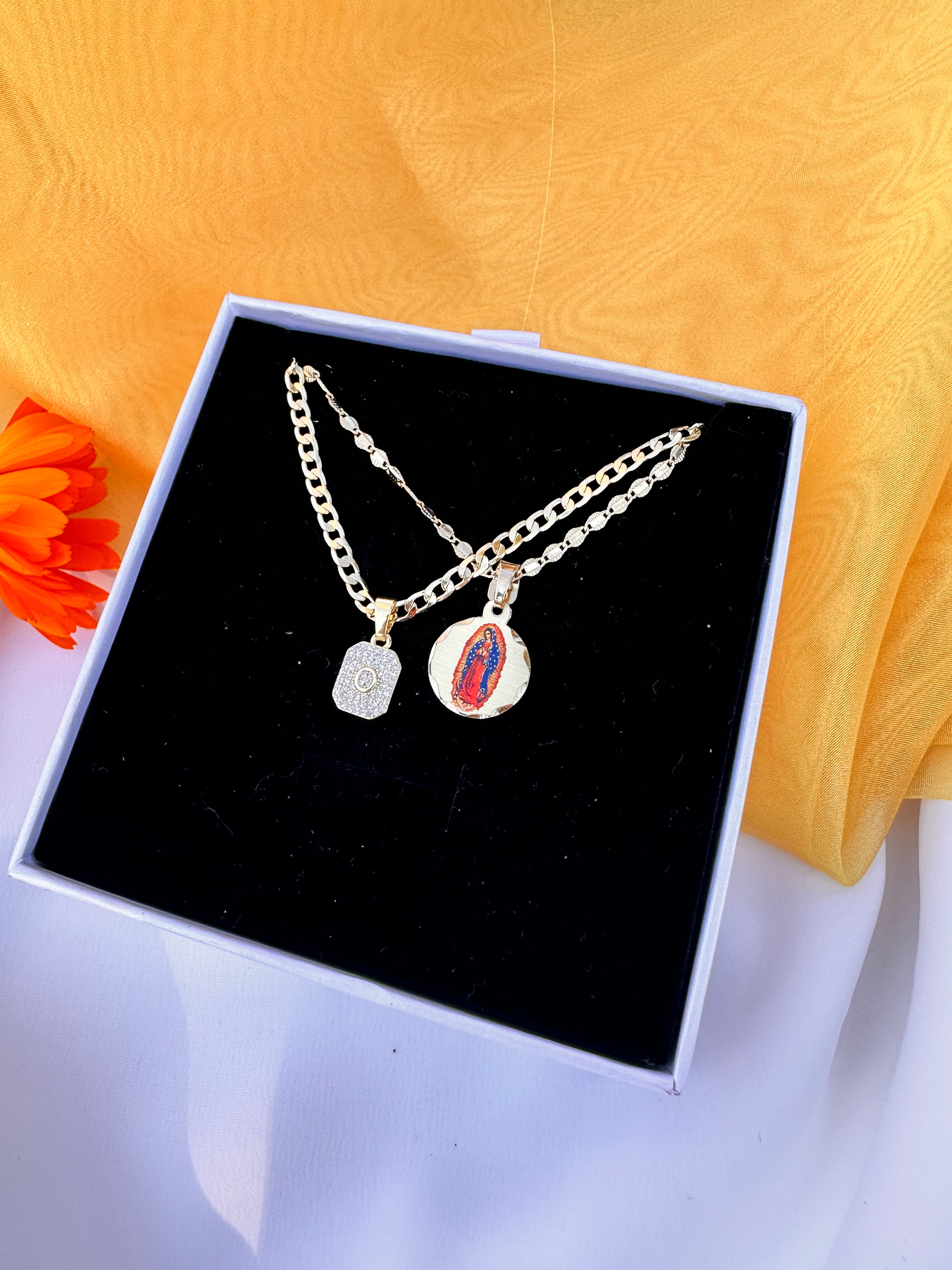 Lady of Guadalupe Initial Paved Necklace Set