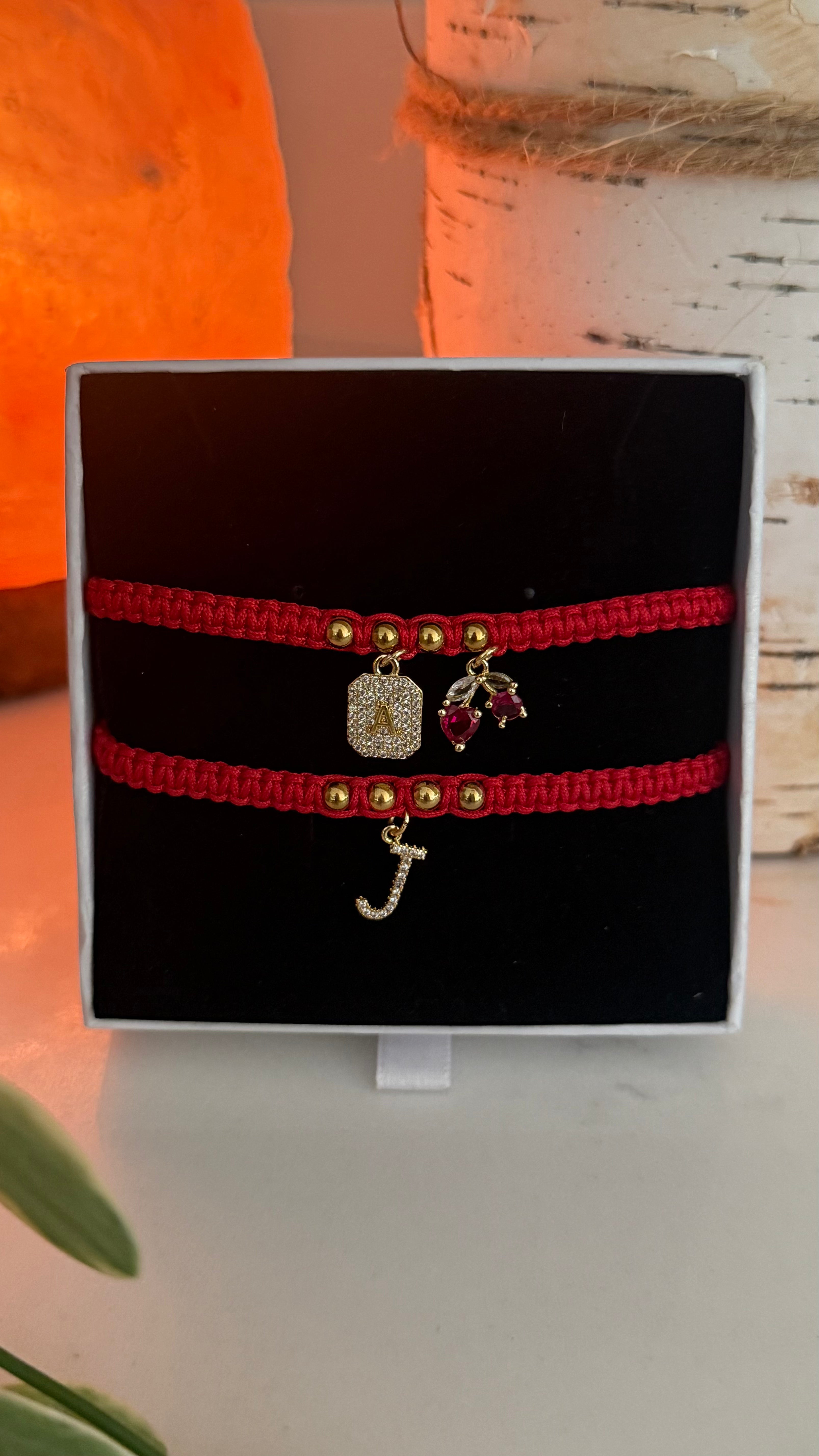 2 Bracelets: Cherry Initial Couple Set