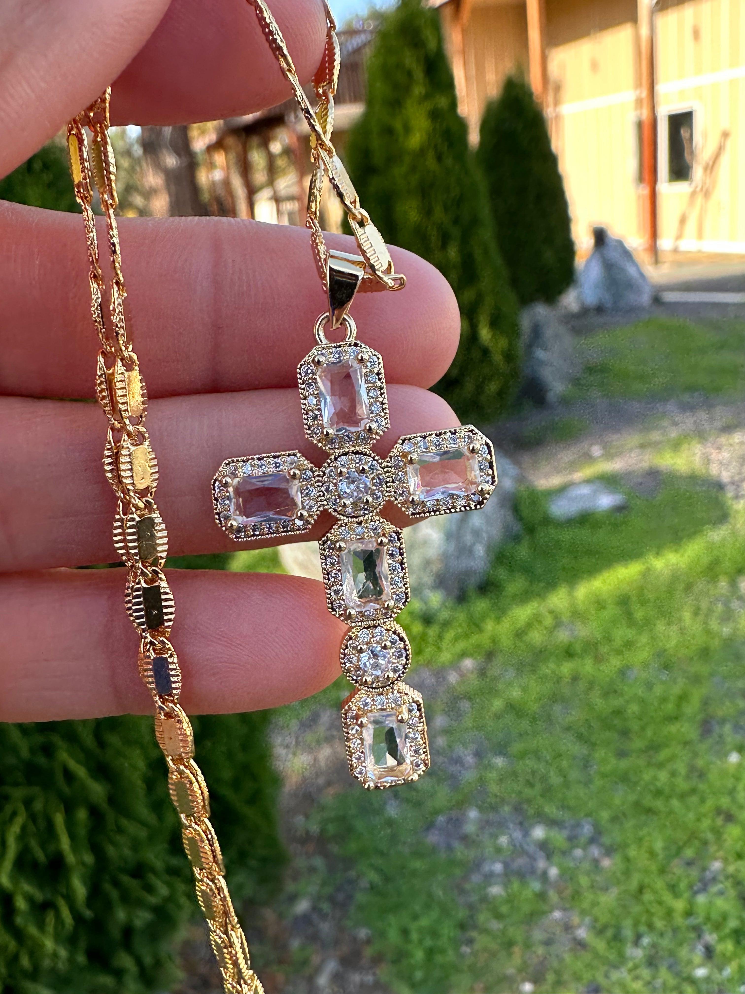 Emerald Glow CZ Cross Necklace