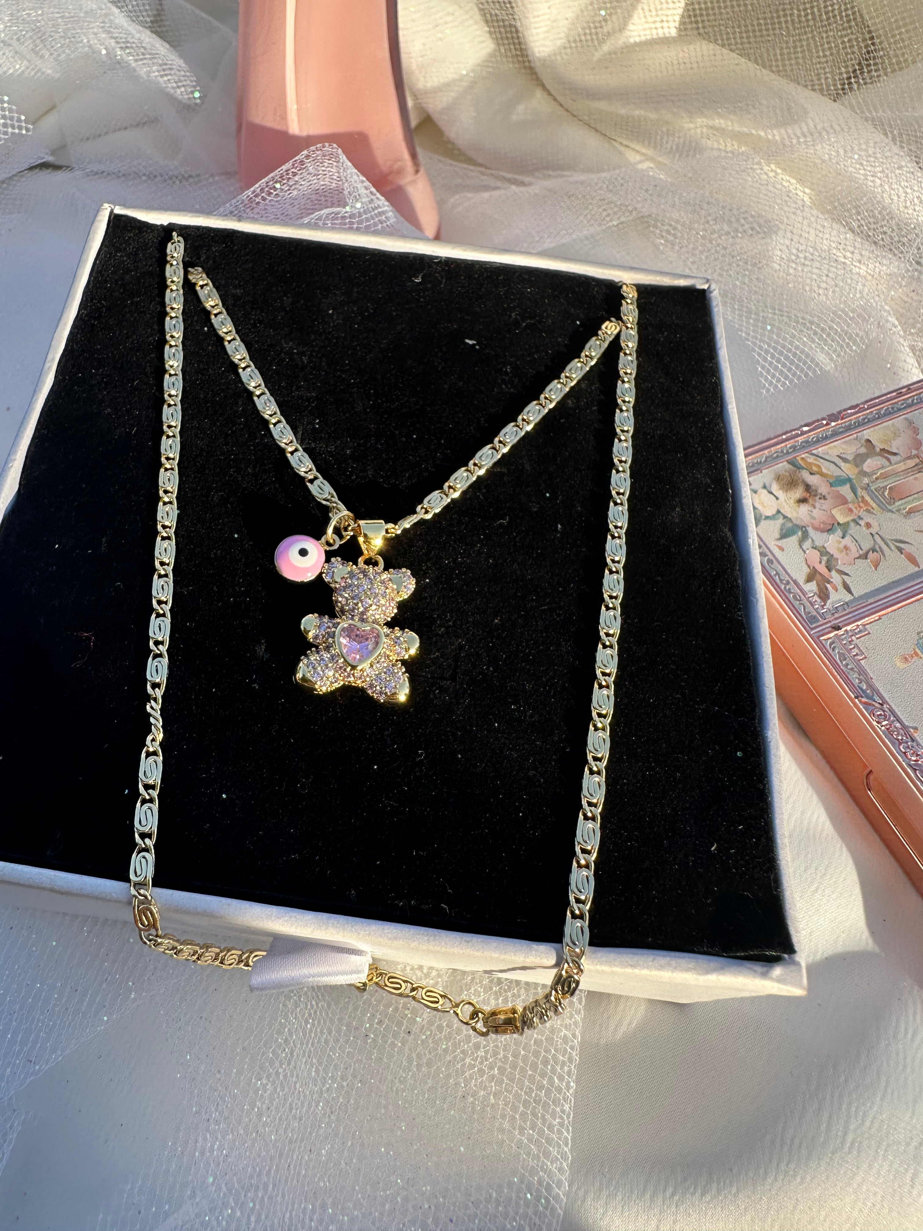 Pink Aura Teddy Necklace