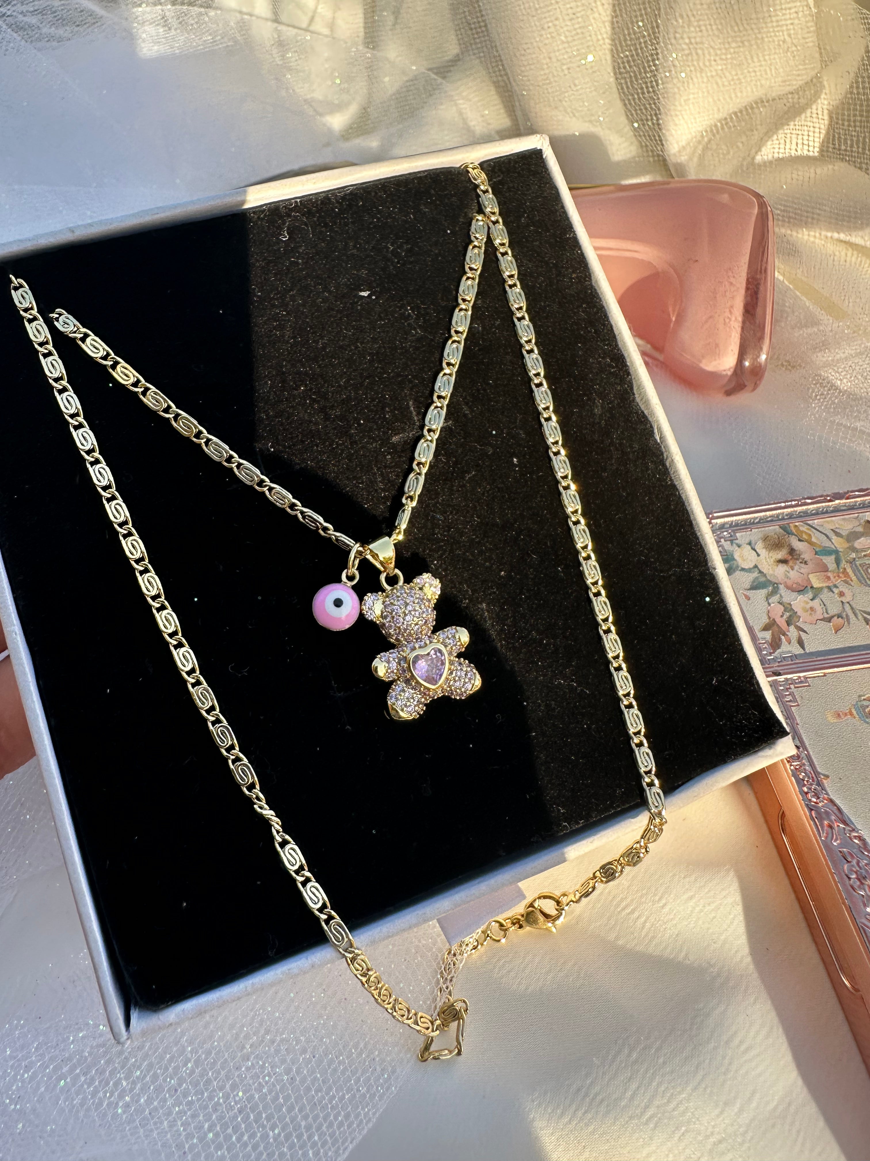 Pink Aura Teddy Necklace