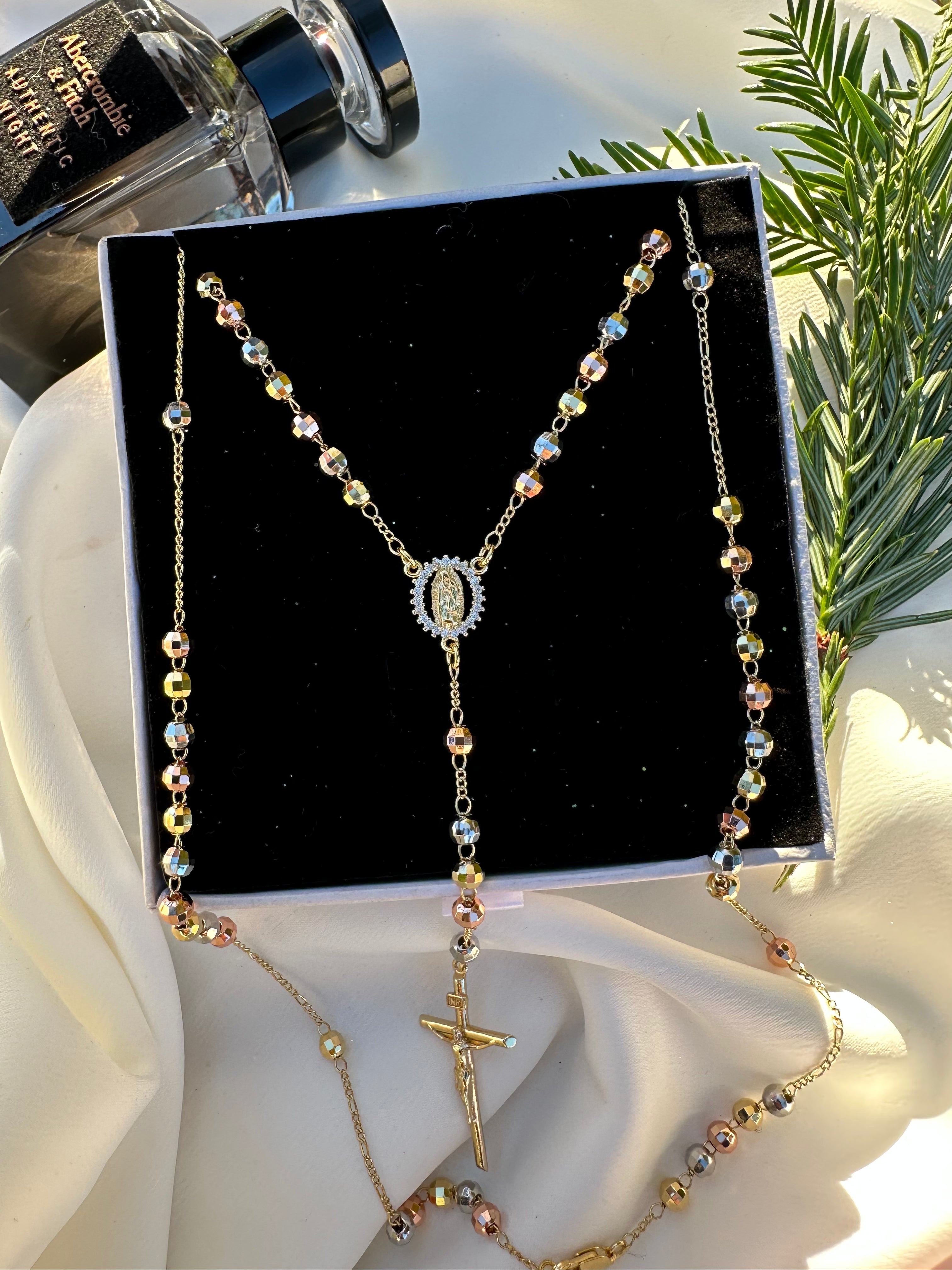 Tri-Gold Paved Virgin Mary Rosario