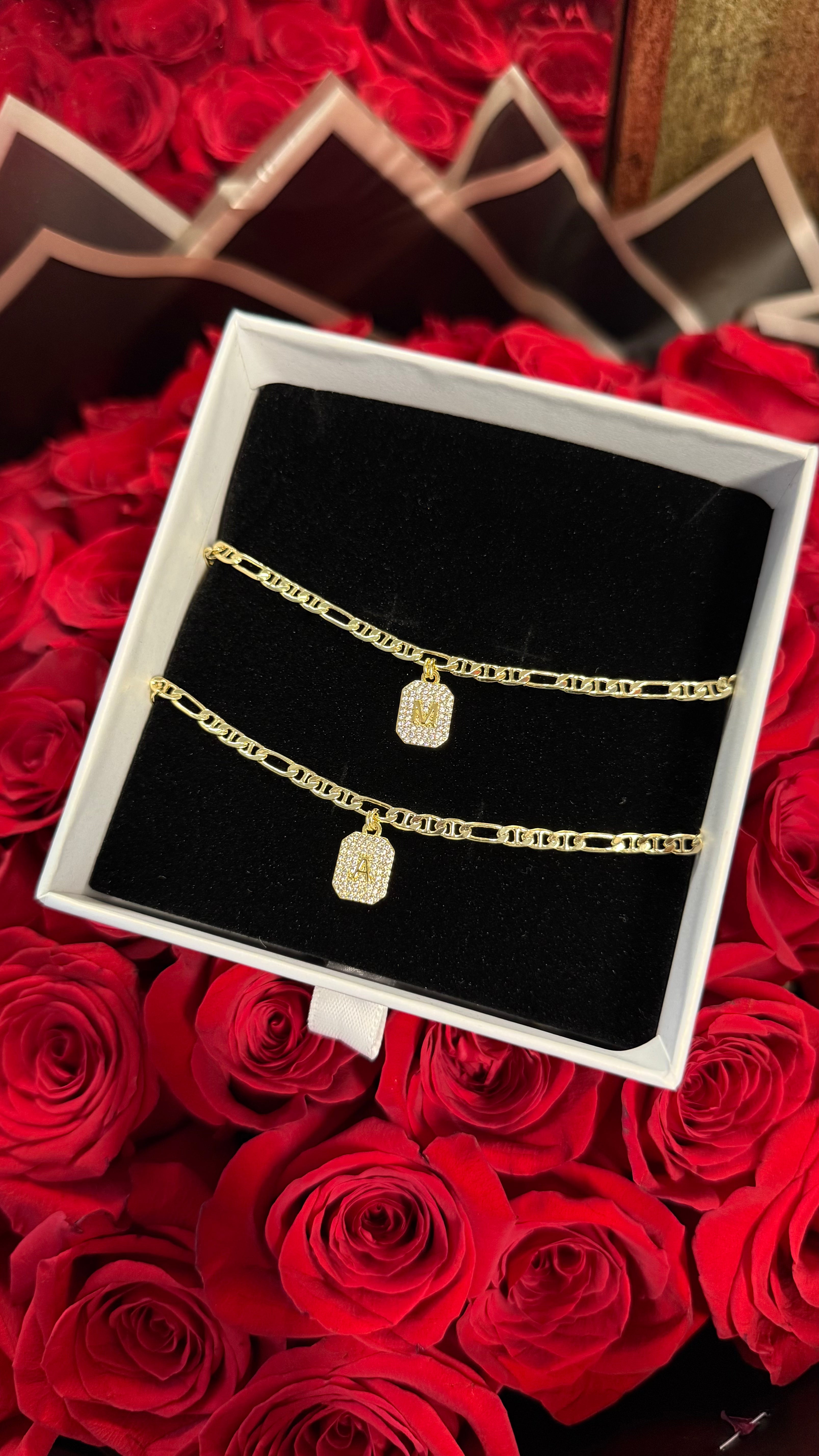 2 Bracelets: Paved Initial Figaro Couple Set