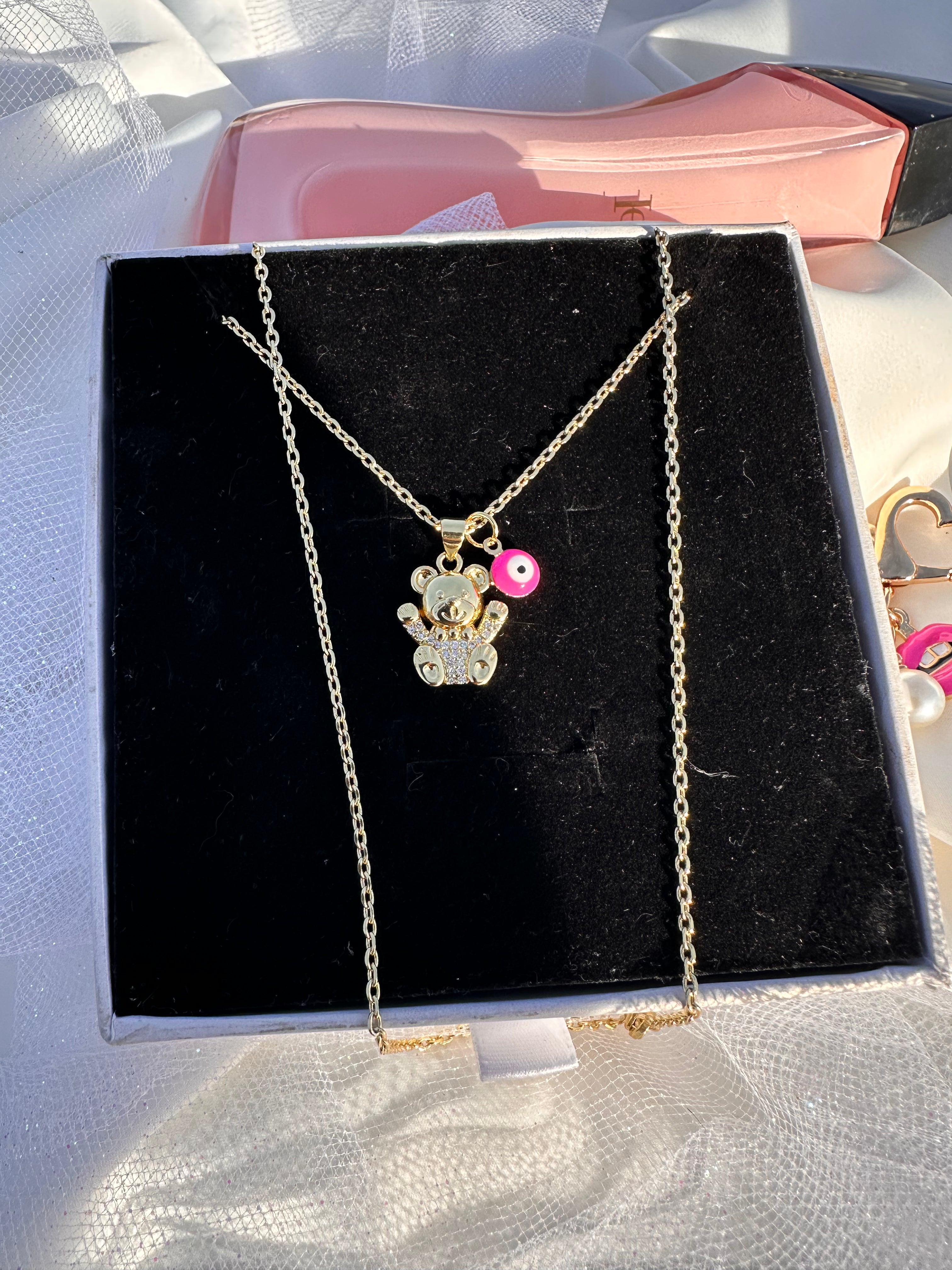 Pink Aura Teddy Bear Necklace