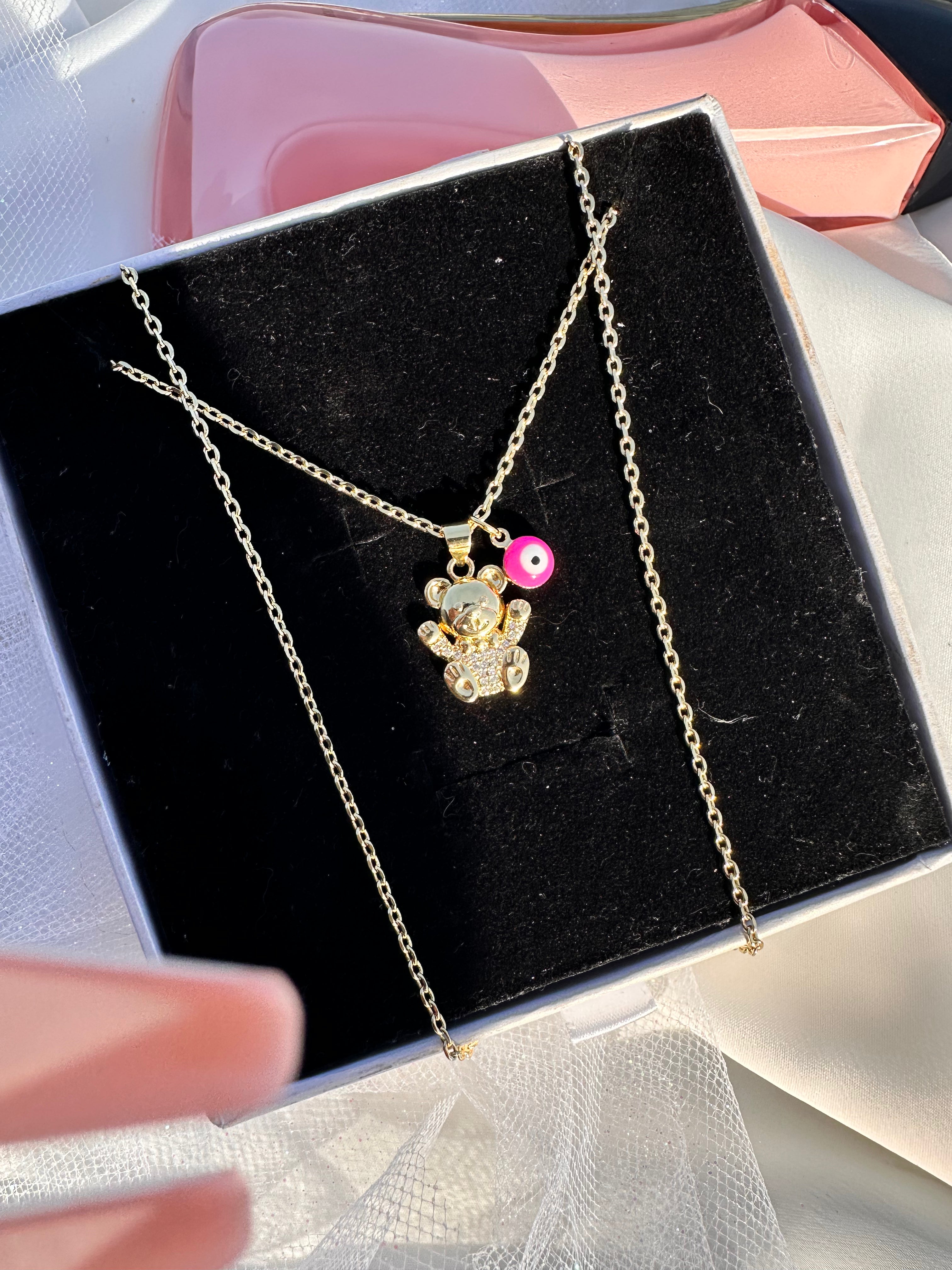 Pink Aura Teddy Bear Necklace