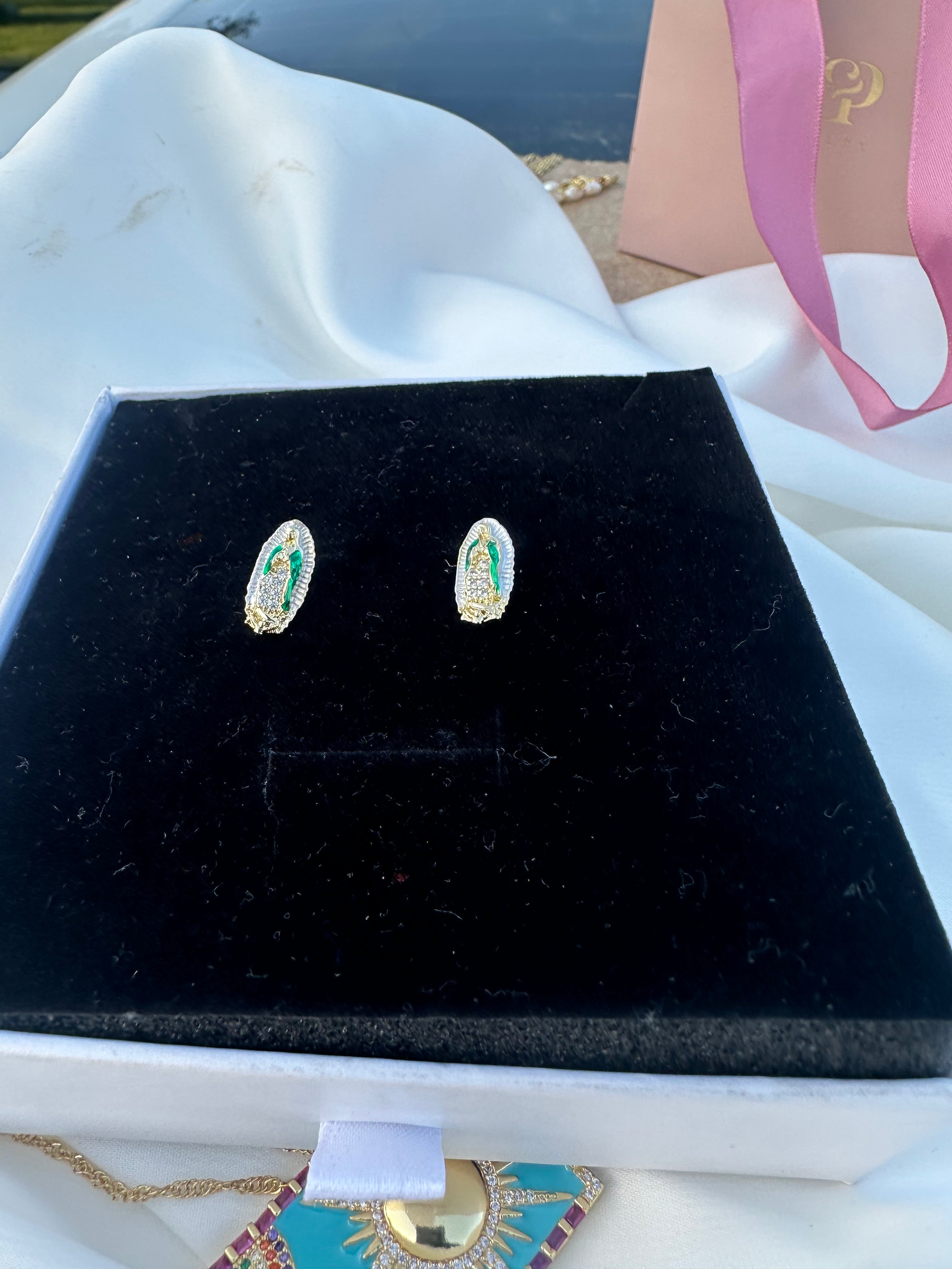 Green Virgin Mary Stud Earrings
