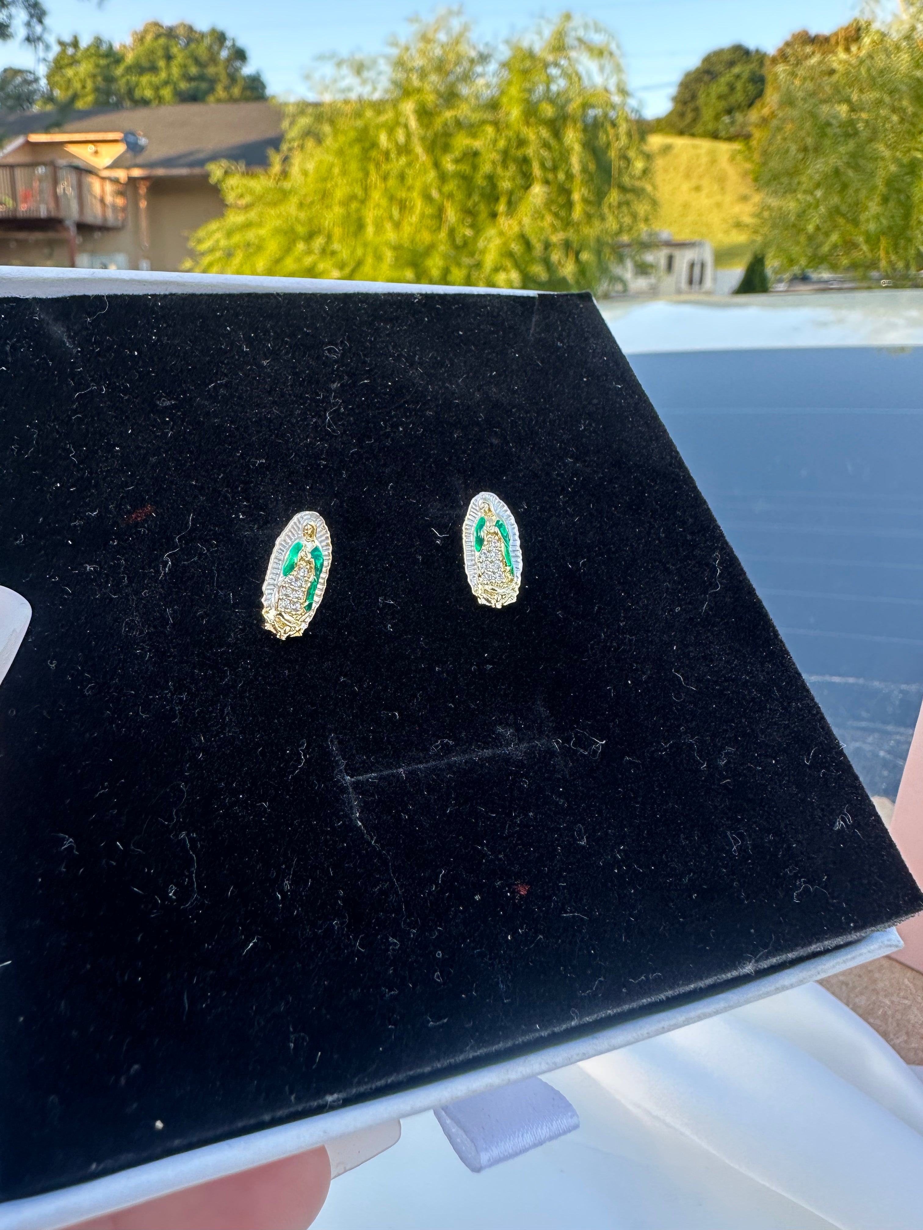 Green Virgin Mary Stud Earrings
