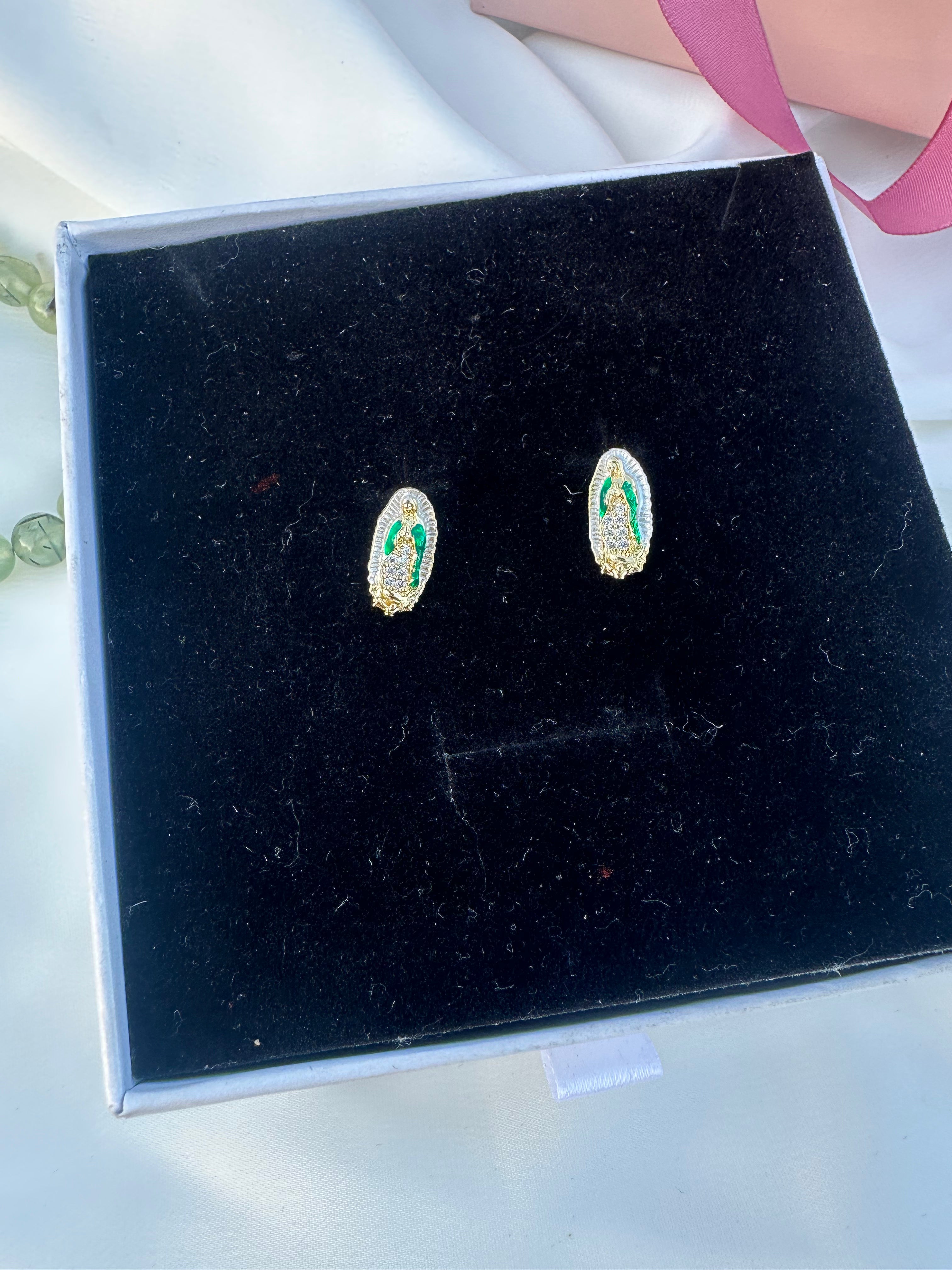 Green Virgin Mary Stud Earrings