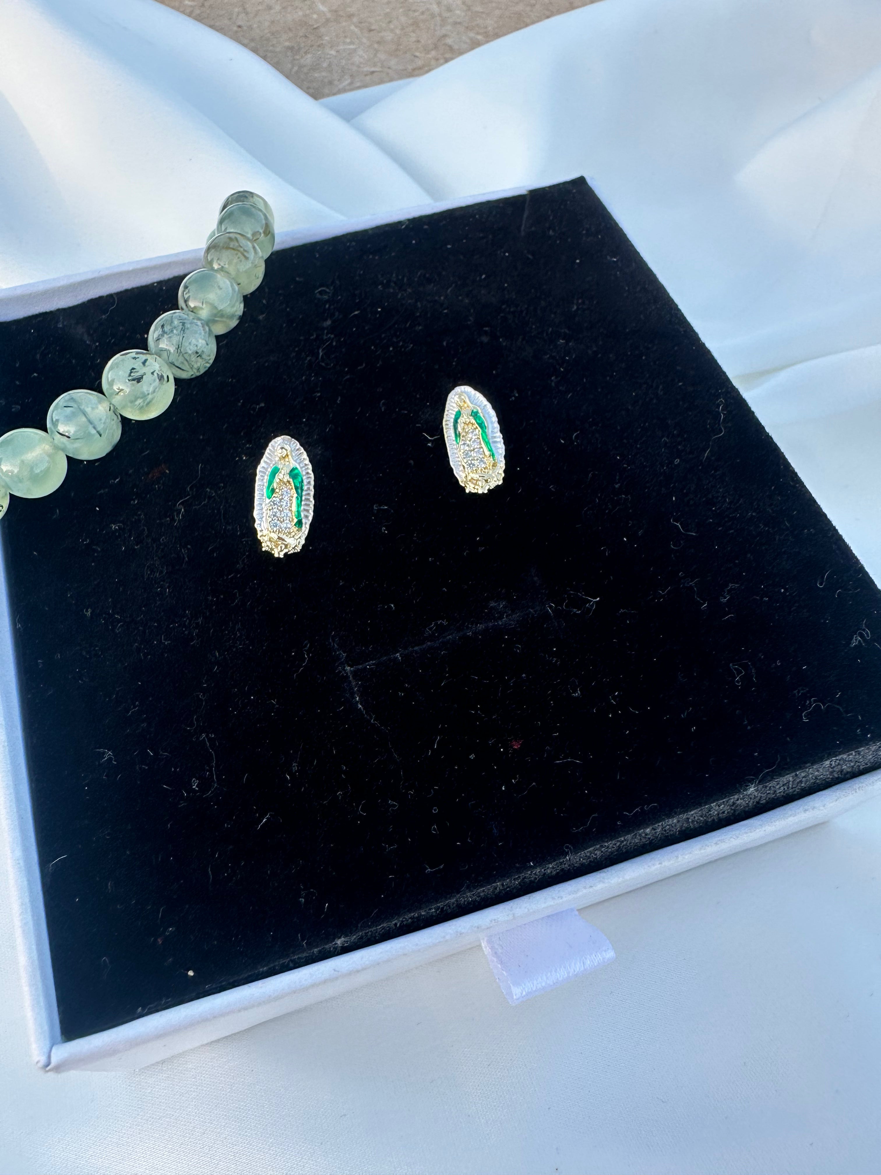 Green Virgin Mary Stud Earrings