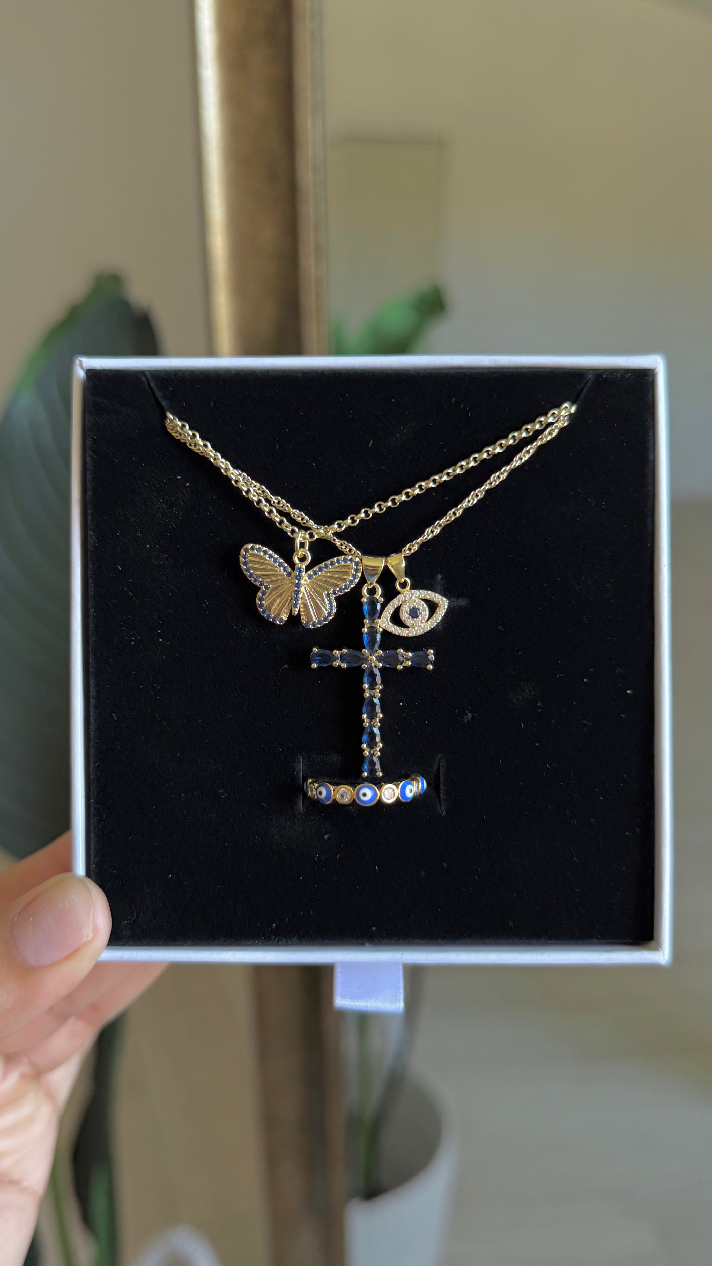 Navy Blue Butterfly & Evil Eye Protection Set
