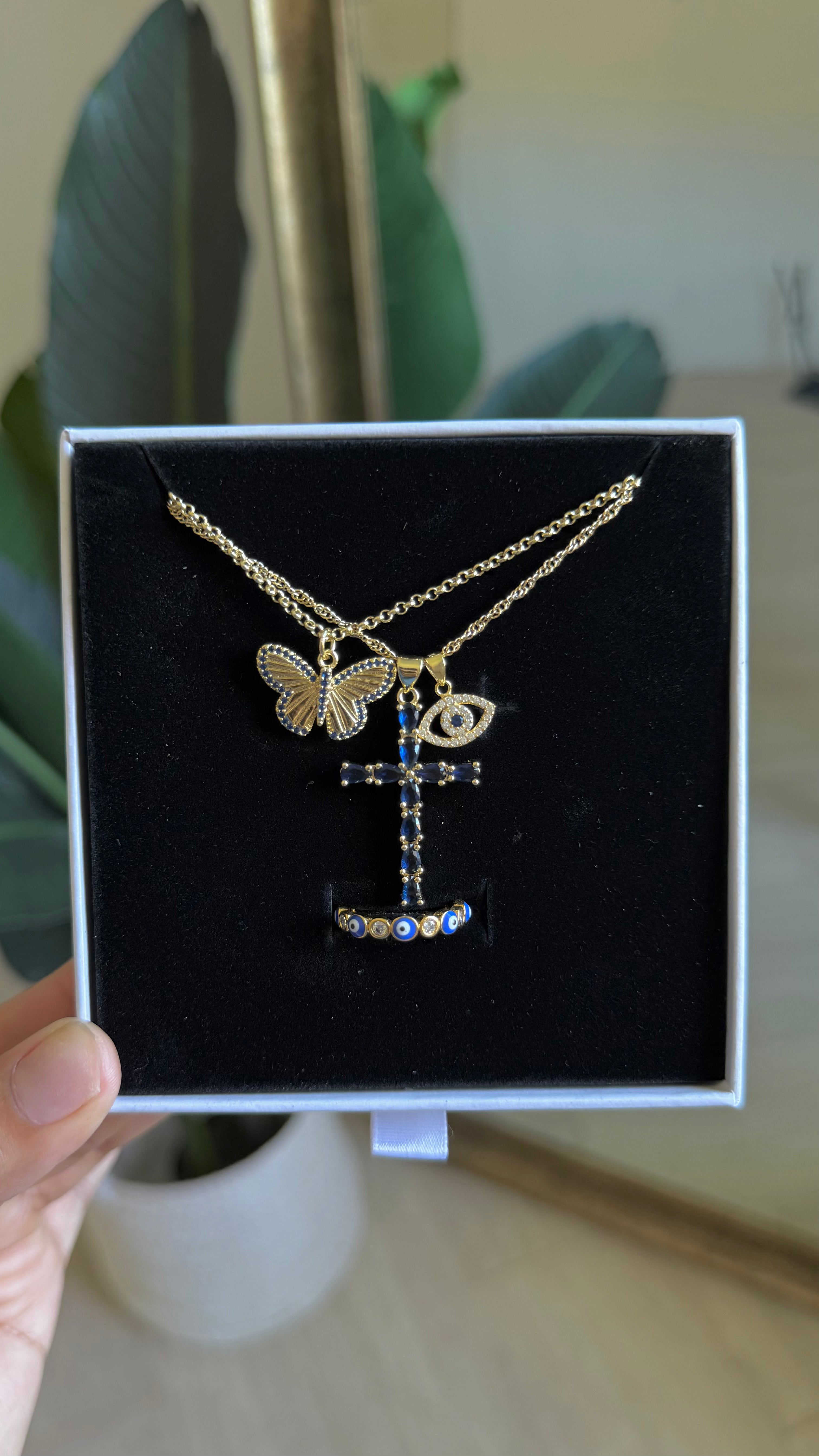 Navy Blue Butterfly & Evil Eye Protection Set