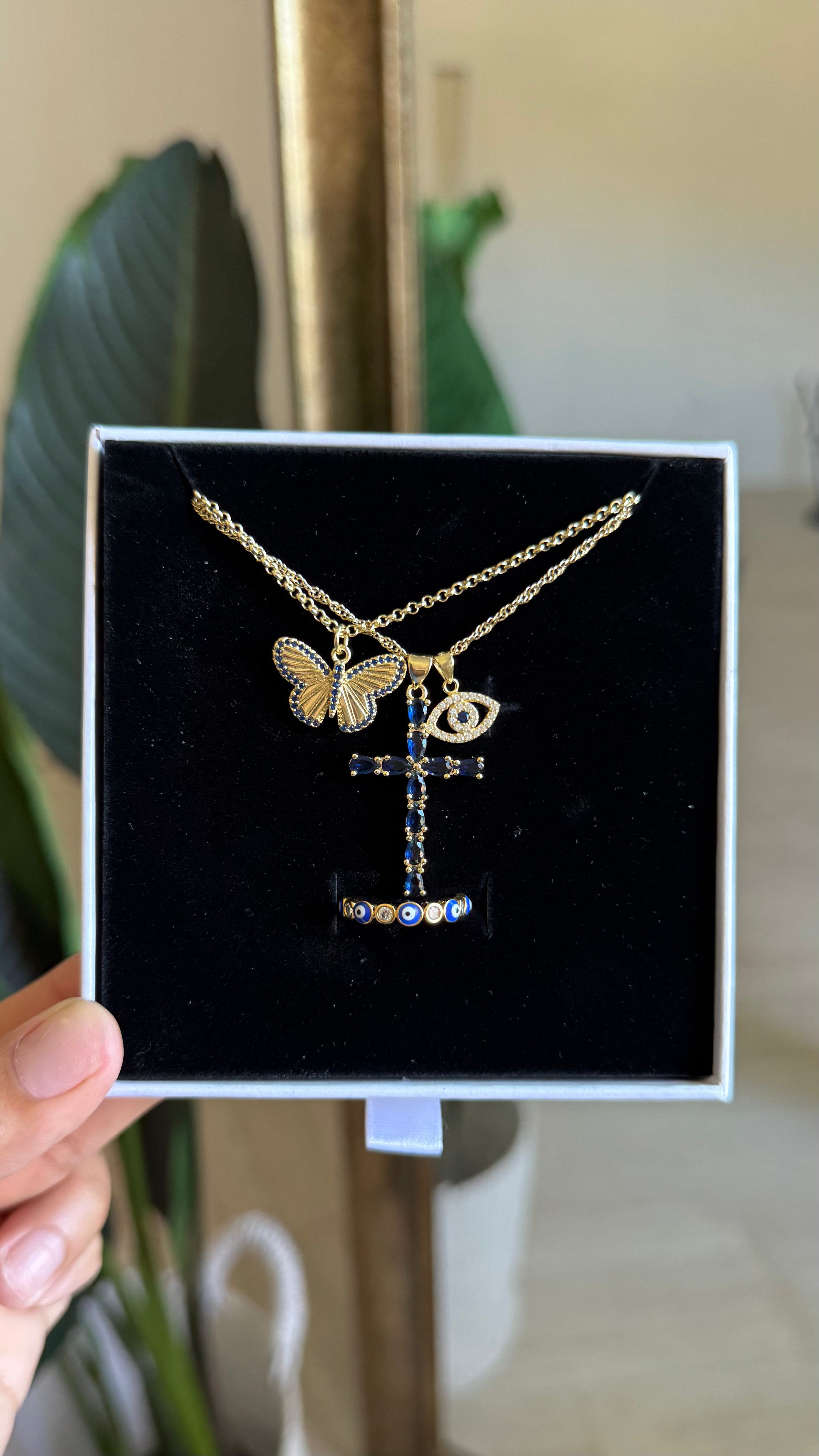 Navy Blue Butterfly & Evil Eye Protection Set