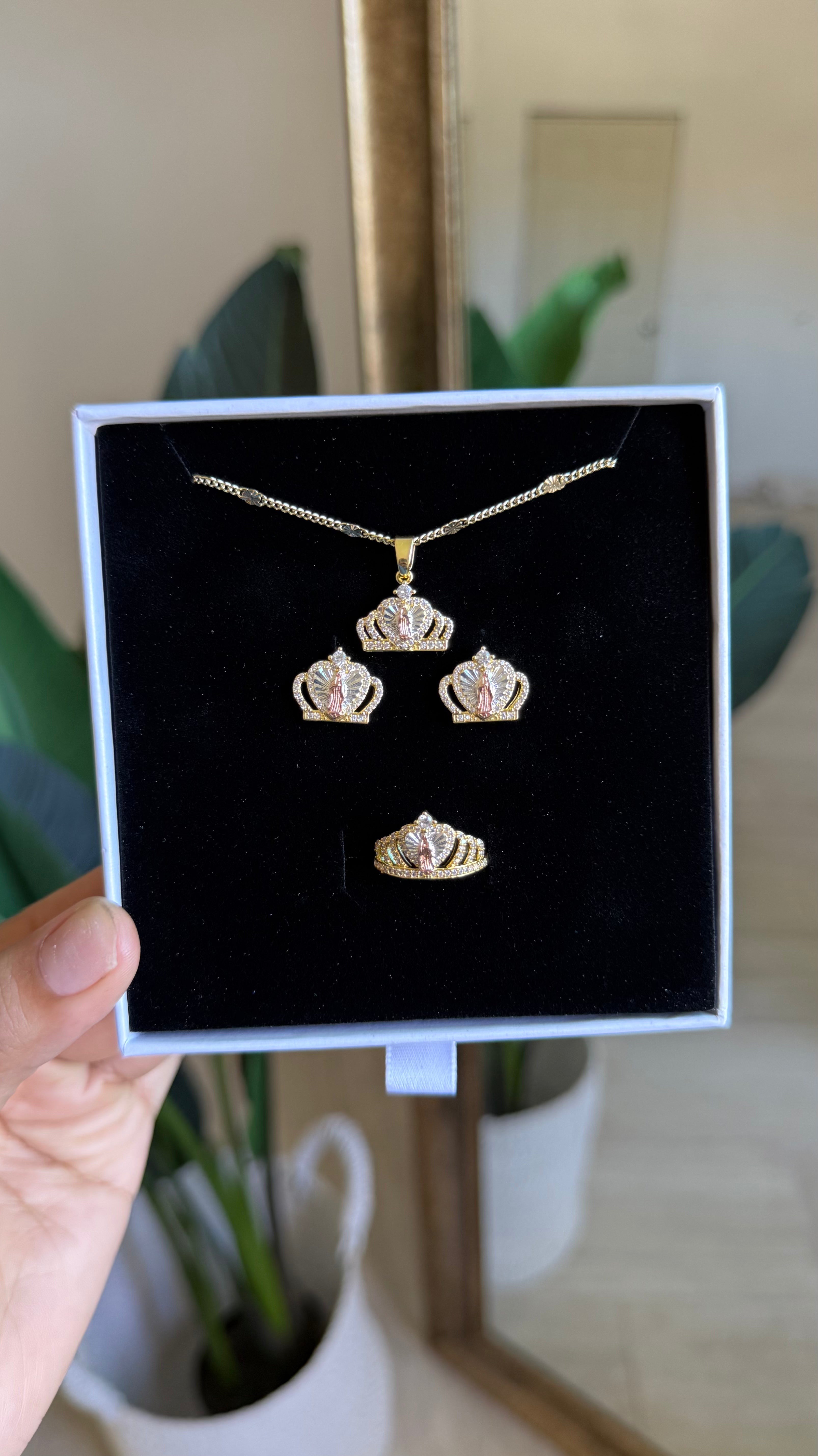 Virgin Mary Tiara Jewelry Set – Necklace, Ring & Earrings