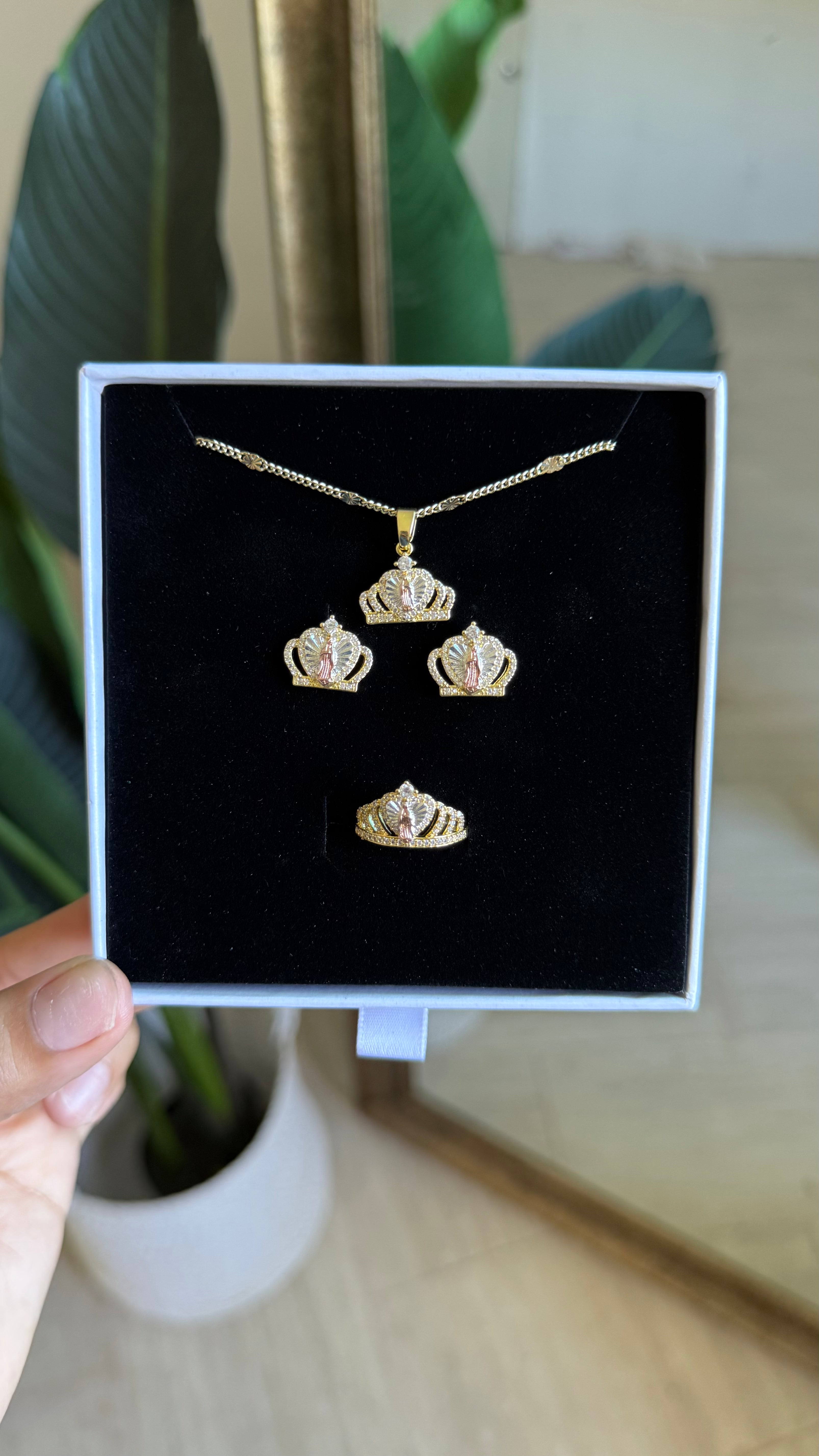 Virgin Mary Tiara Jewelry Set – Necklace, Ring & Earrings
