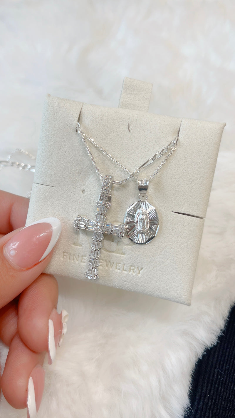 Silver Virgin Mary-Cross Necklace Set