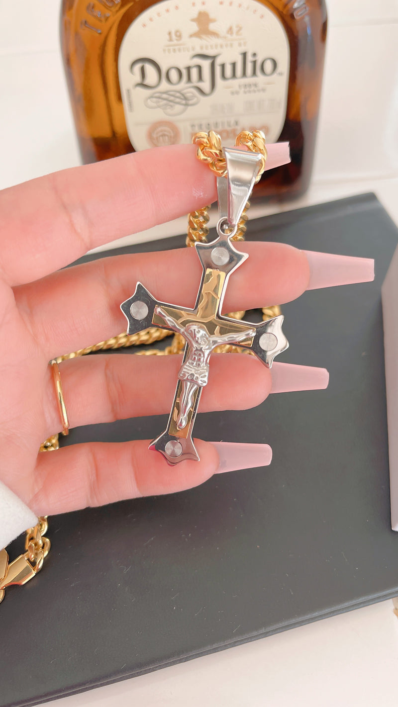Gold Lightening Crucifix Necklace
