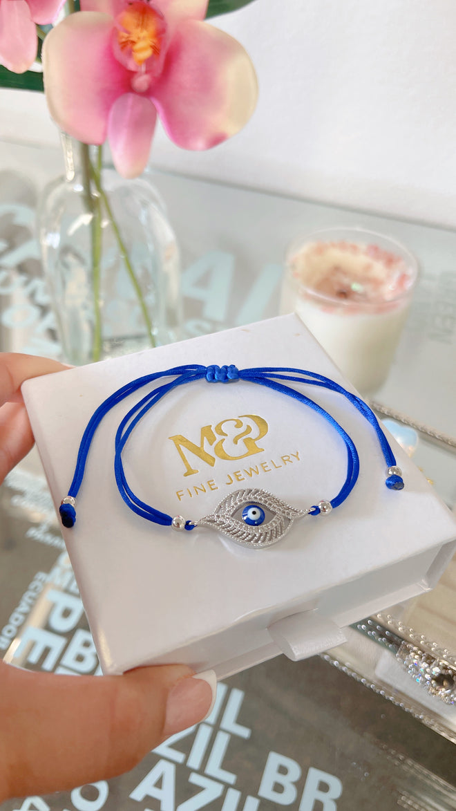 Pulsera azul marino contra el mal de ojo (plata)