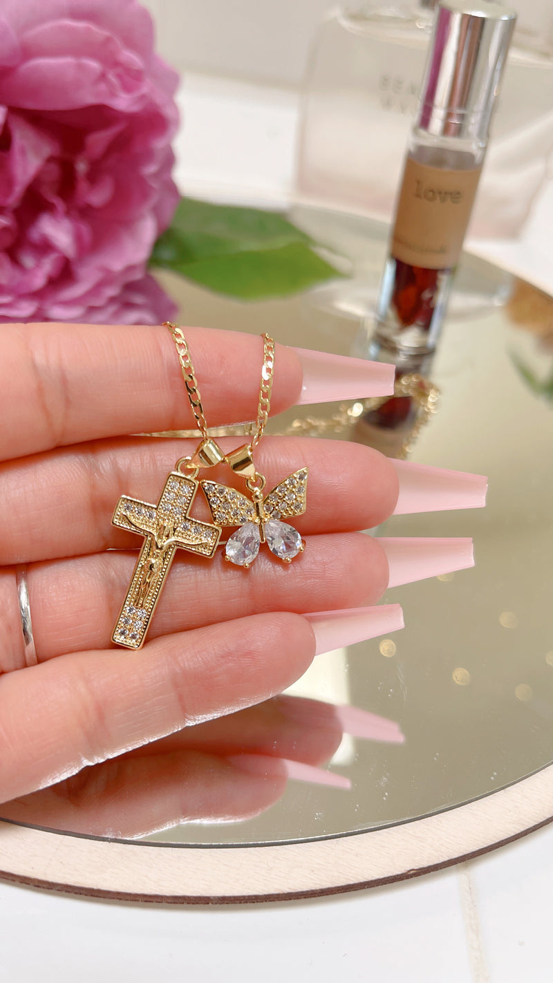 Gold Filled: Butterfly & Cross Necklace