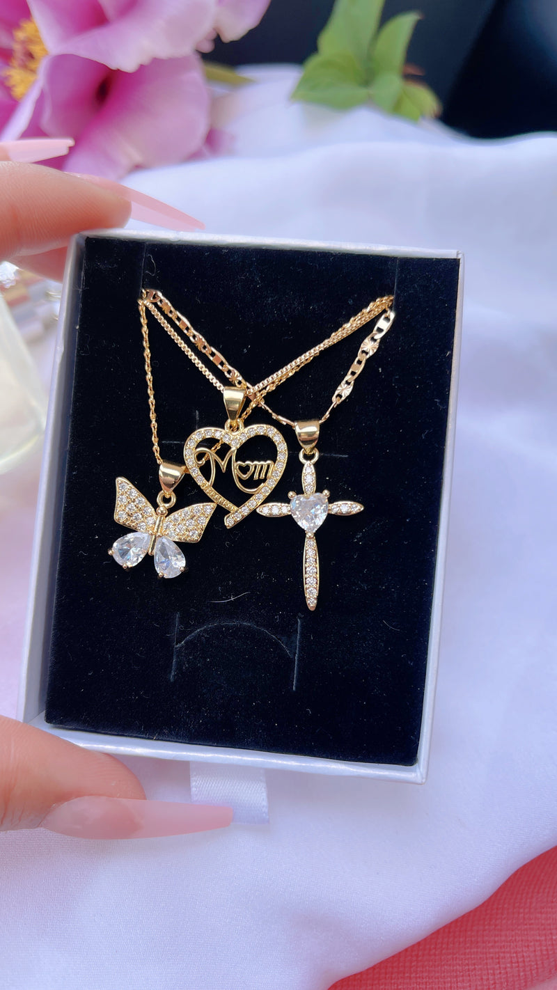 Mom Diamond Butterfly Necklace SET