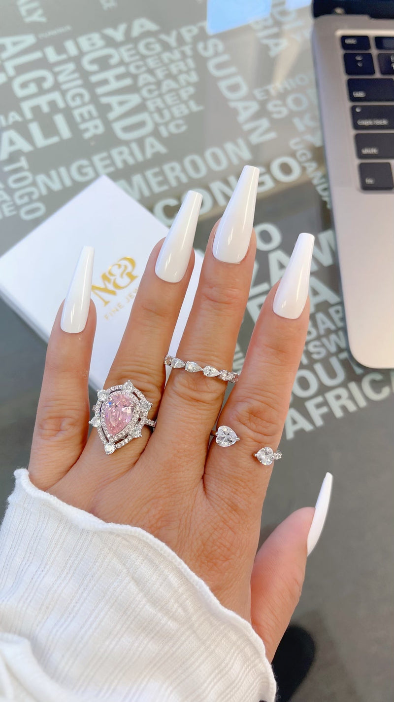 Silver Pink Tear Drop Ring
