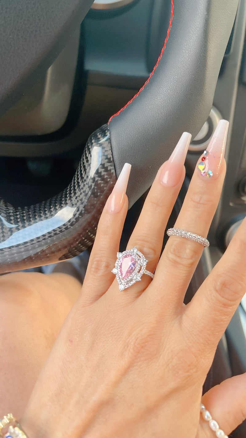 Silver Pink Tear Drop Ring
