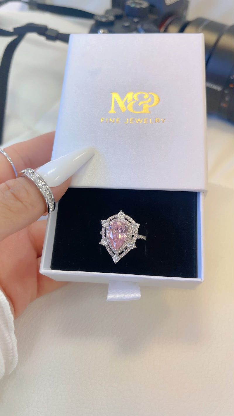 Silver Pink Tear Drop Ring