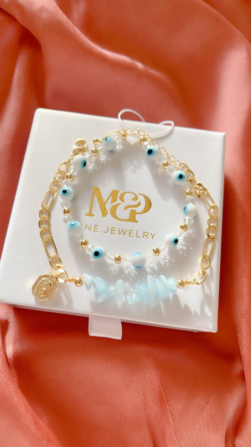Set de Pulseras con Iniciales de Aguamarina (2 uds)